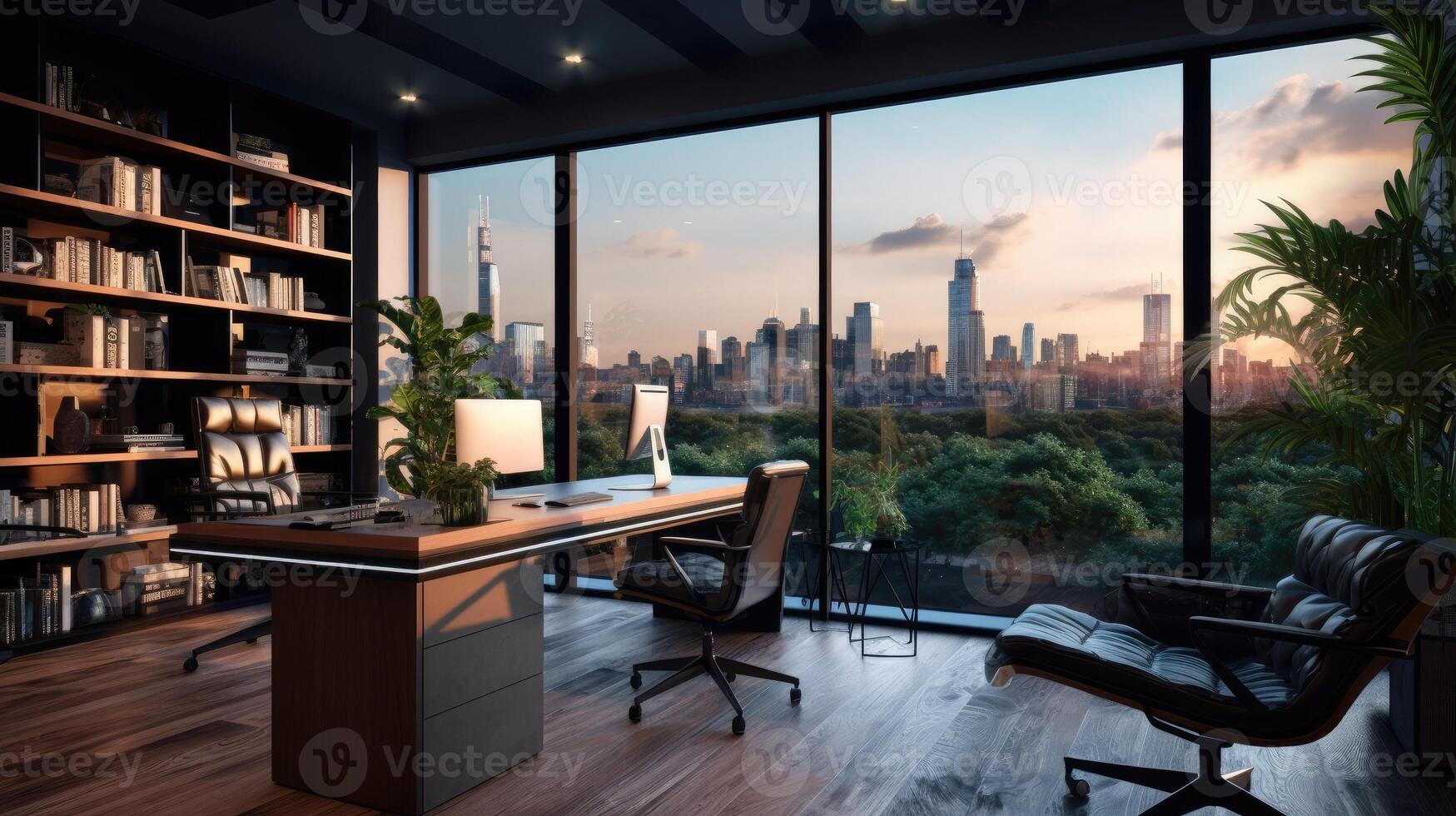 Modern office with a view of the city. Generative AI photo