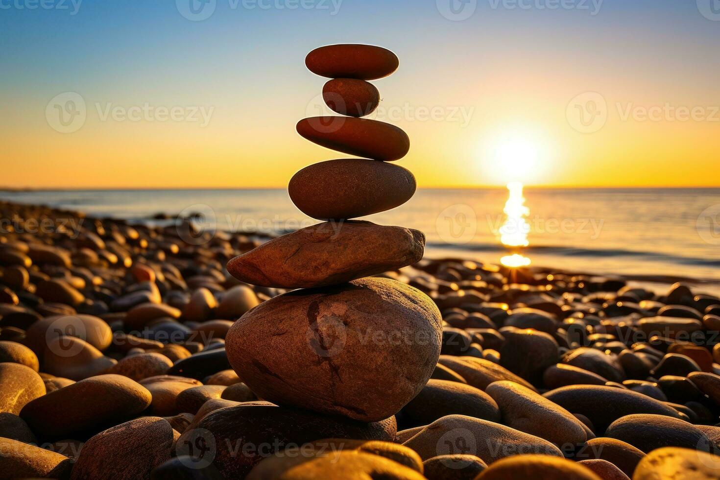 equilibrado rock pirámide en mar guijarros playa, soleado día. generativo ai foto