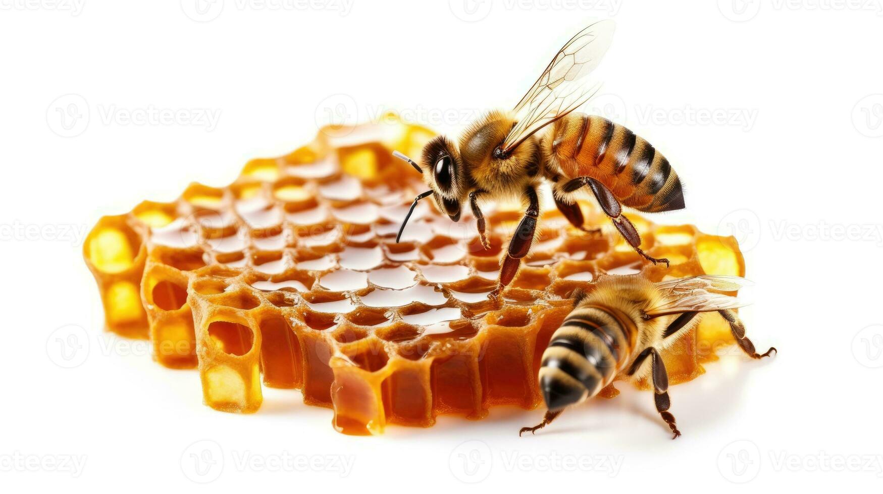 de cerca abeja en miel peine con Miel, aislado en transparente antecedentes separar. generativo ai foto