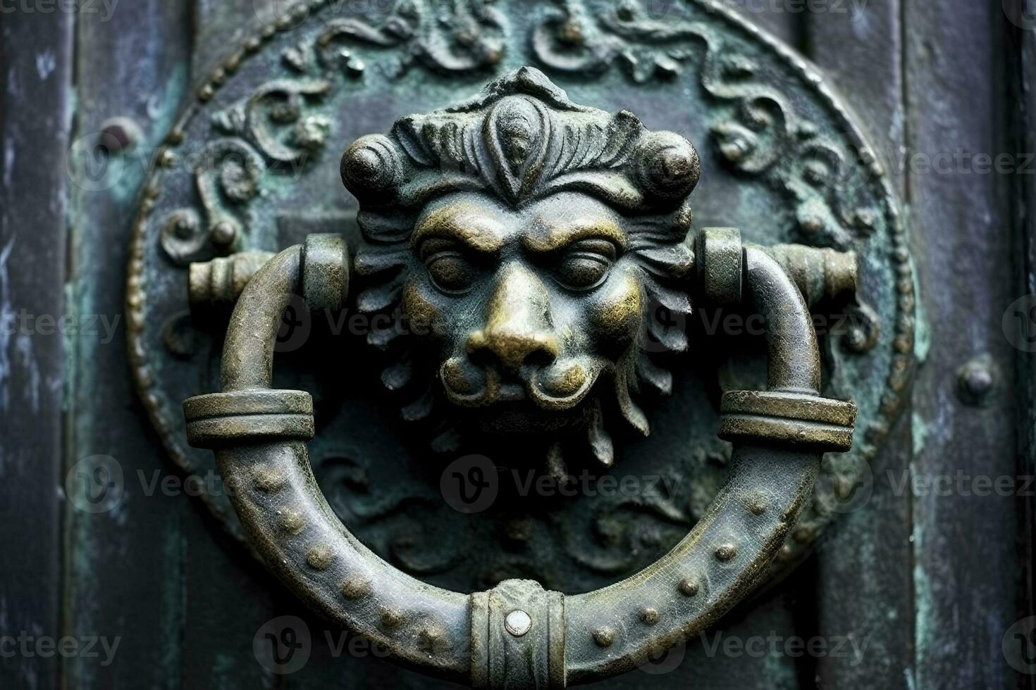 Vintage old metal wrought iron door knocker. Generative AI photo