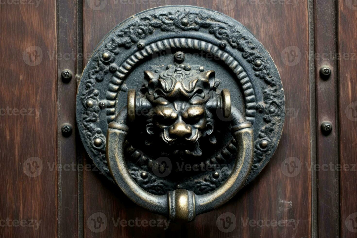 Vintage old metal wrought iron door knocker. Generative AI photo