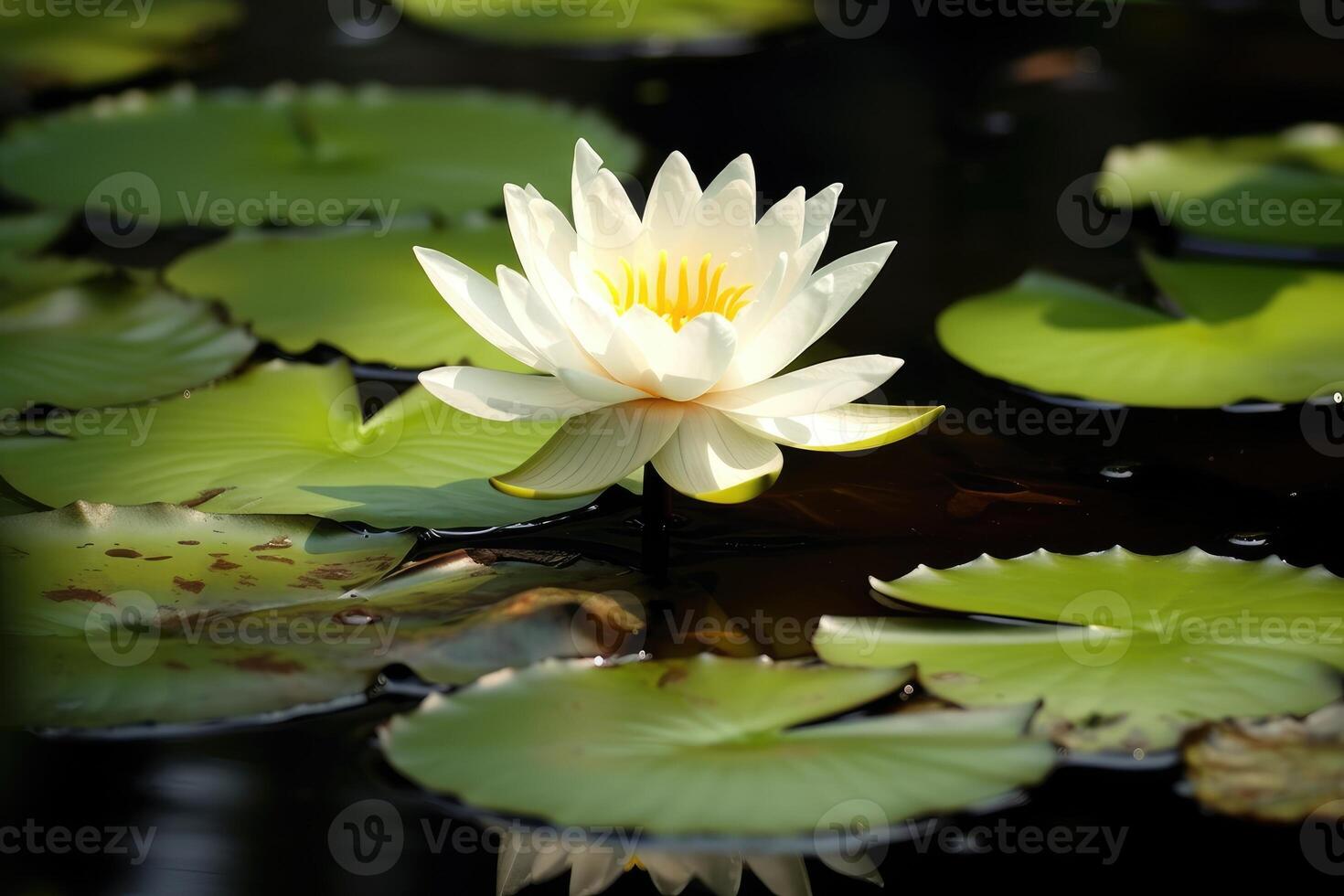 Lotus or white water lily in garden pond. Generative AI photo