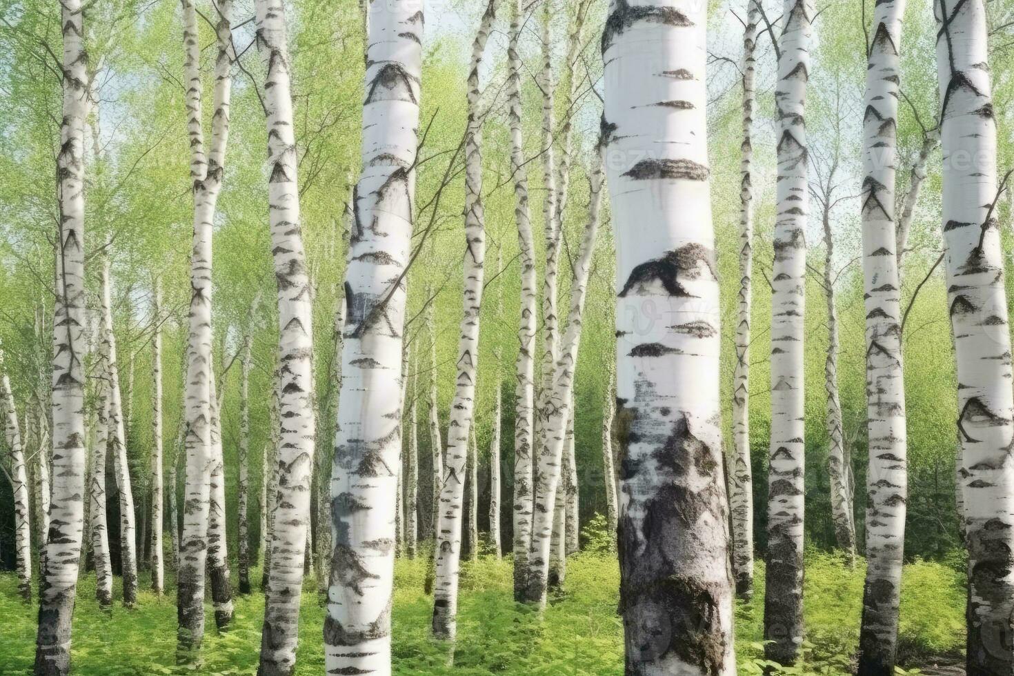 Young slim thin birch trees in the spring in the forest. Generative AI photo