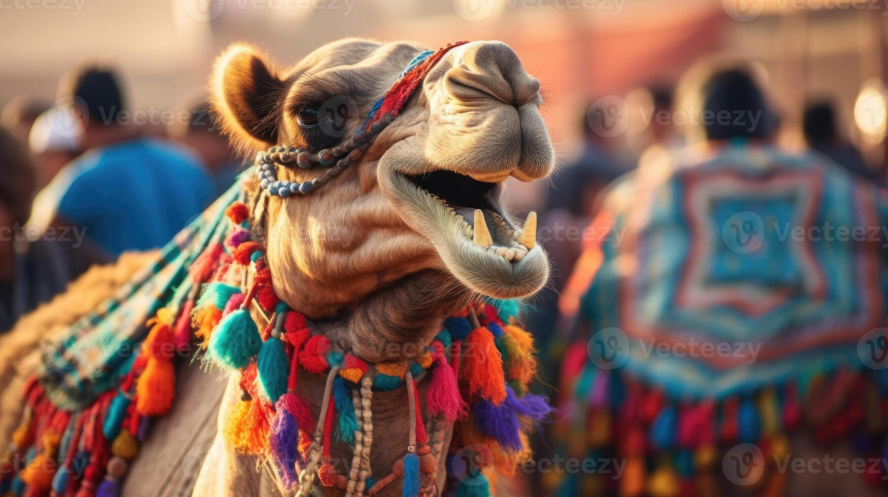 Beautiful decorated camel smiling. photo