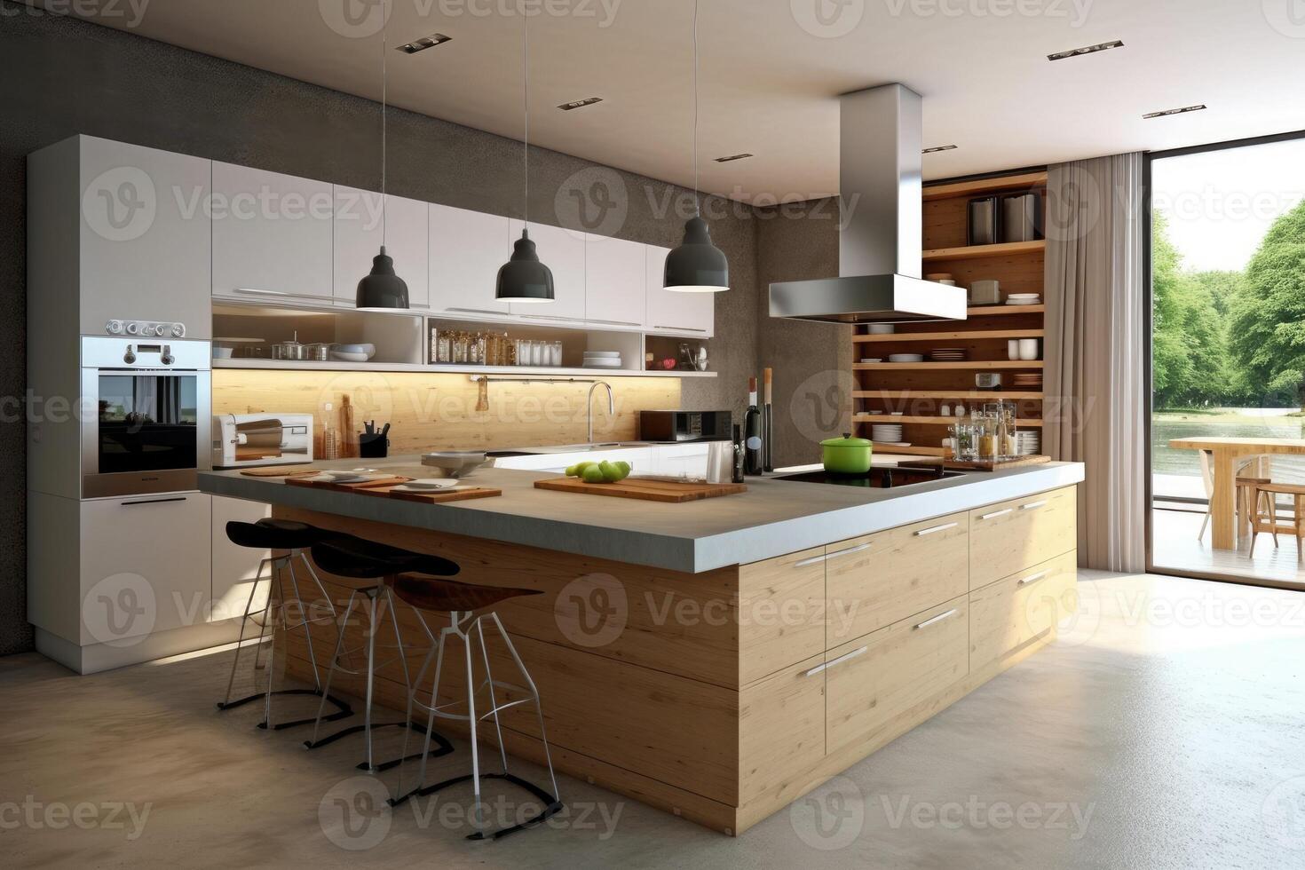 Luxury interior design of modern white kitchen. photo