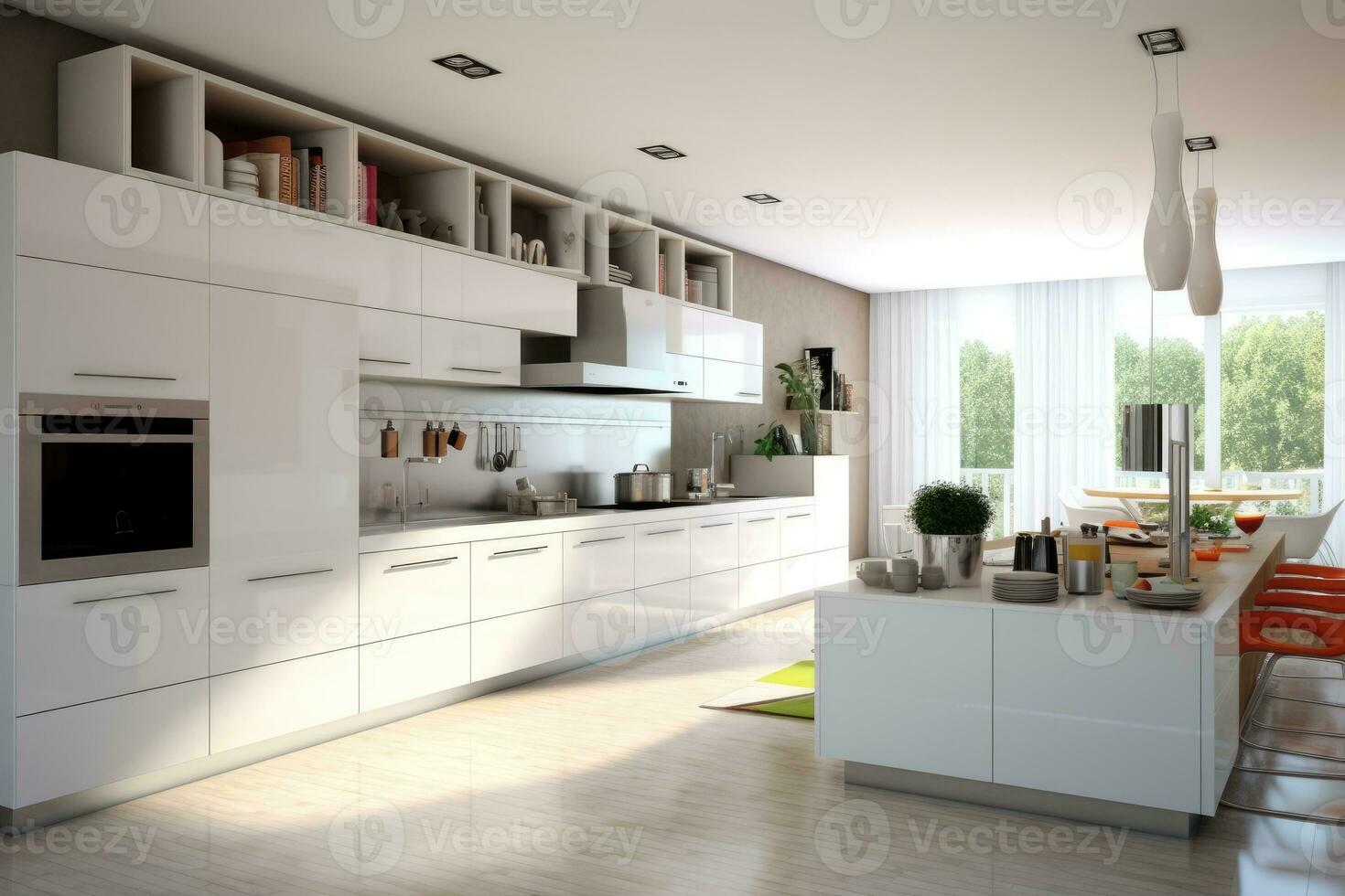 Luxury interior design of modern white kitchen. Generative AI photo