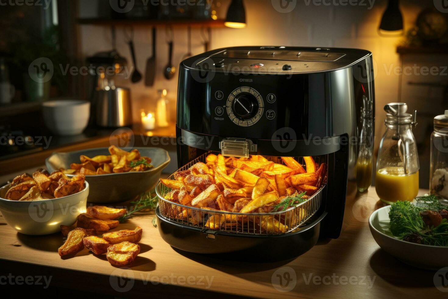 aire freidora máquina Cocinando patata frito. generativo ai foto