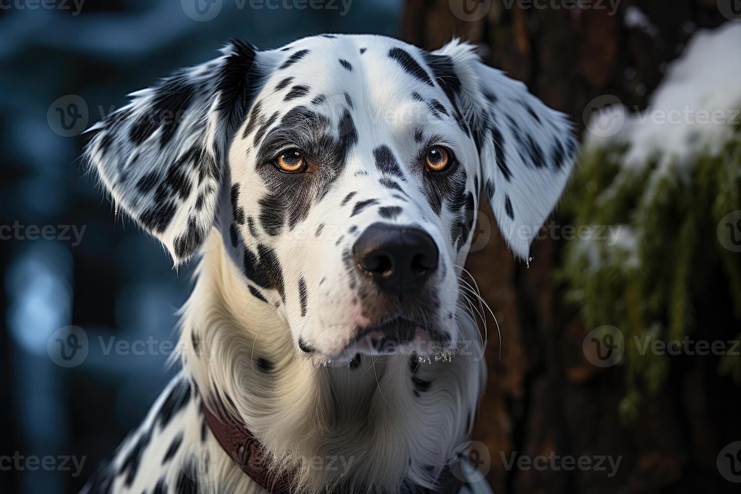 Beautiful Dalmatian dog in a snowy forest. photo