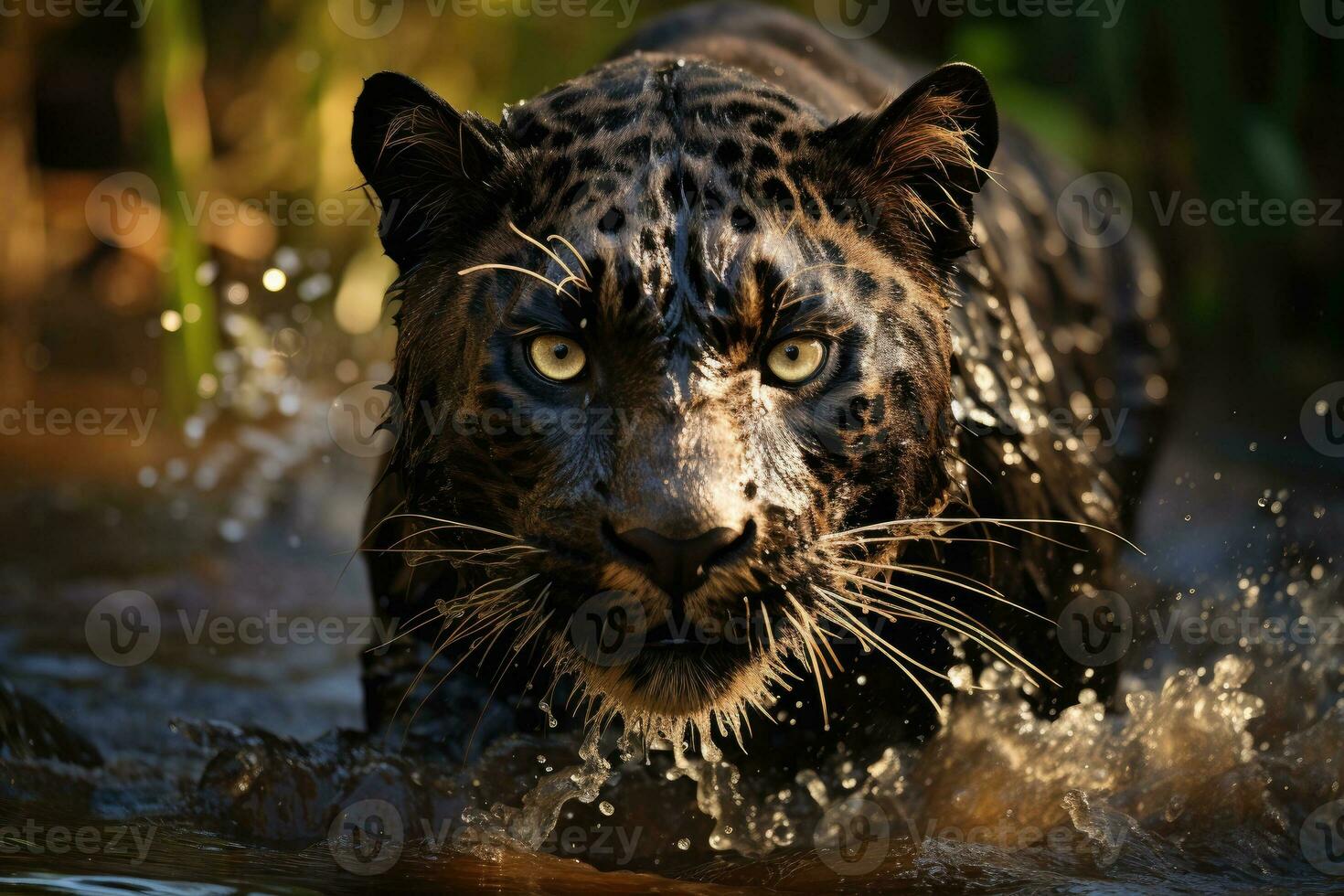 Majestic panther runs on water. Generative AI photo
