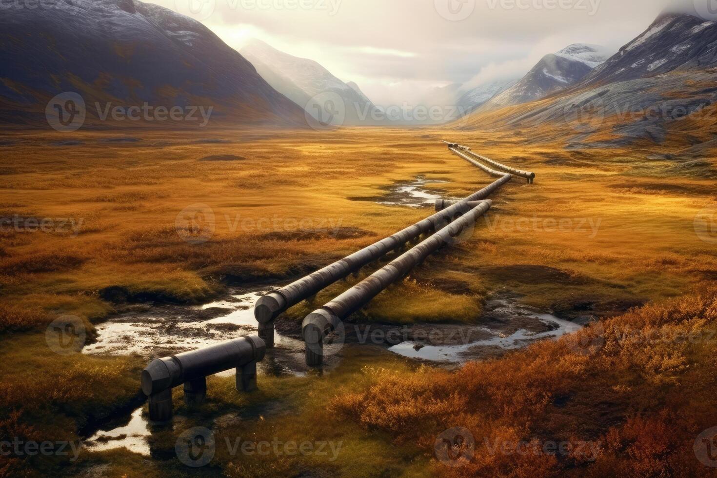 Oil pipelines through an remote terrain. Generative AI photo