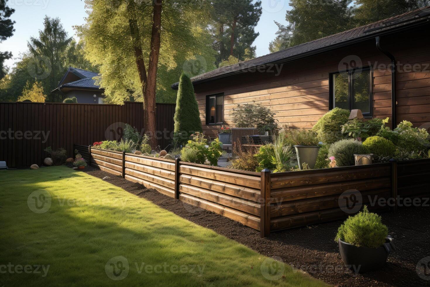 Wooden fence with green lawn. photo
