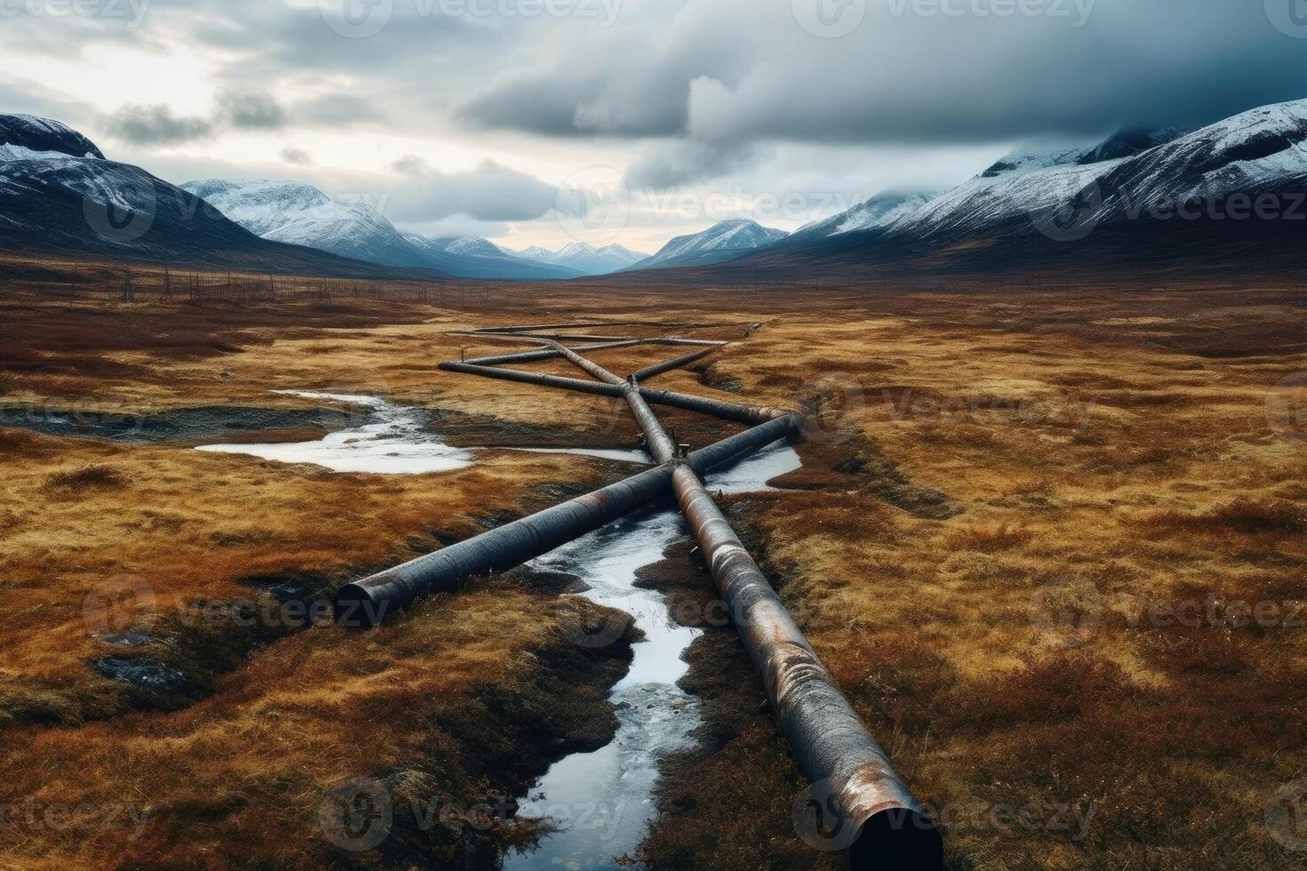 Oil pipelines through an remote terrain. Generative AI photo