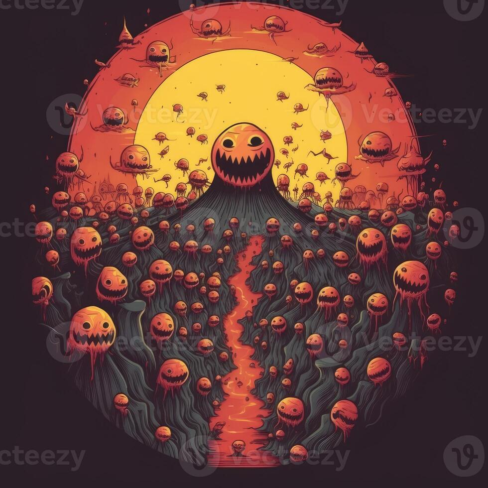 A whimsical illustration of a creature or character from a horror story in a spooky landscape, photo