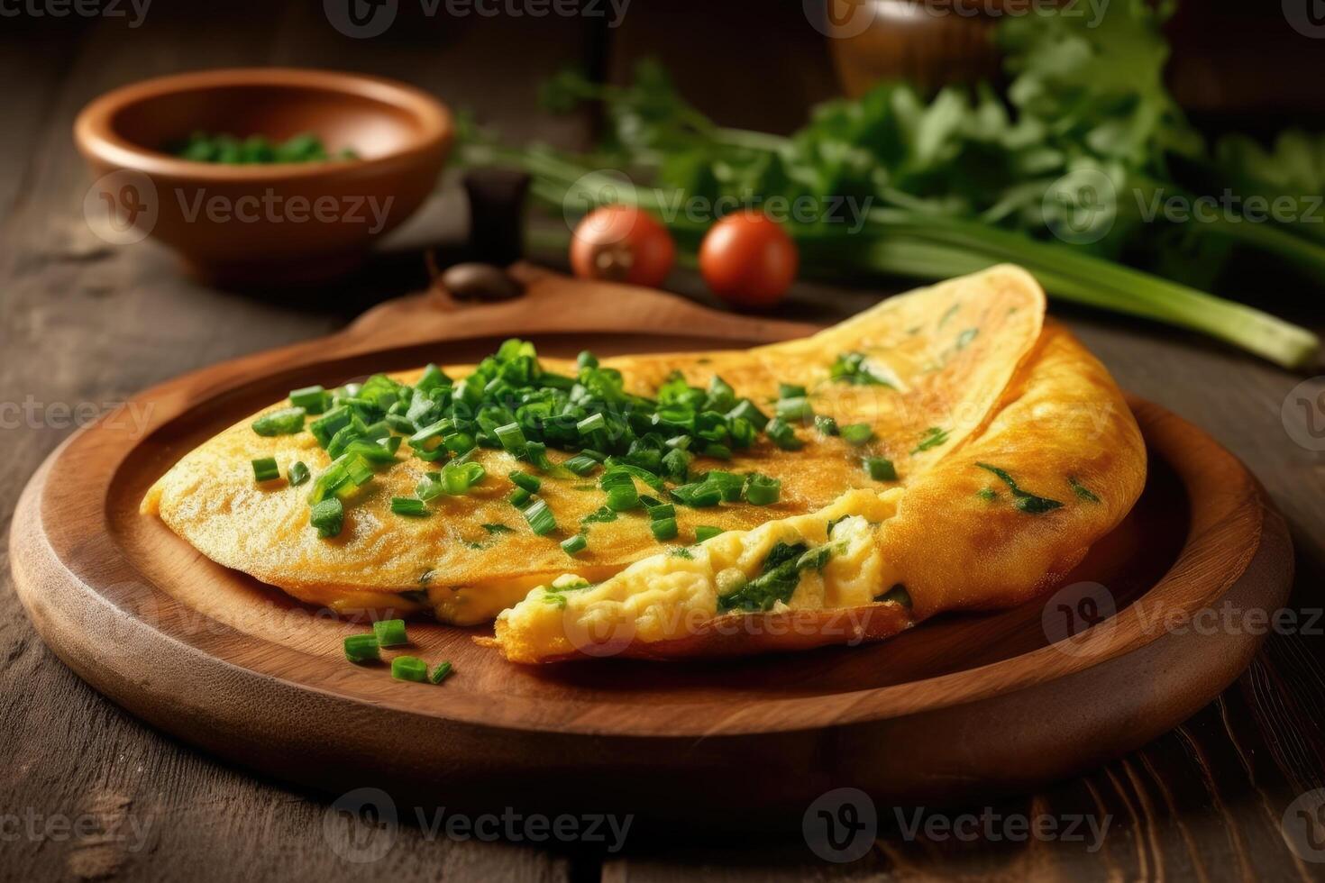 rústico tortilla en de madera plato con perejil. generado ai foto