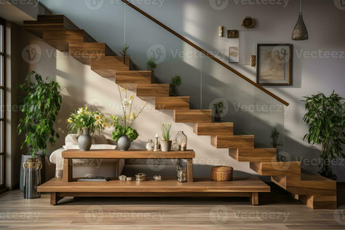 Modern staircase with wooden steps in flat. Generative AI photo