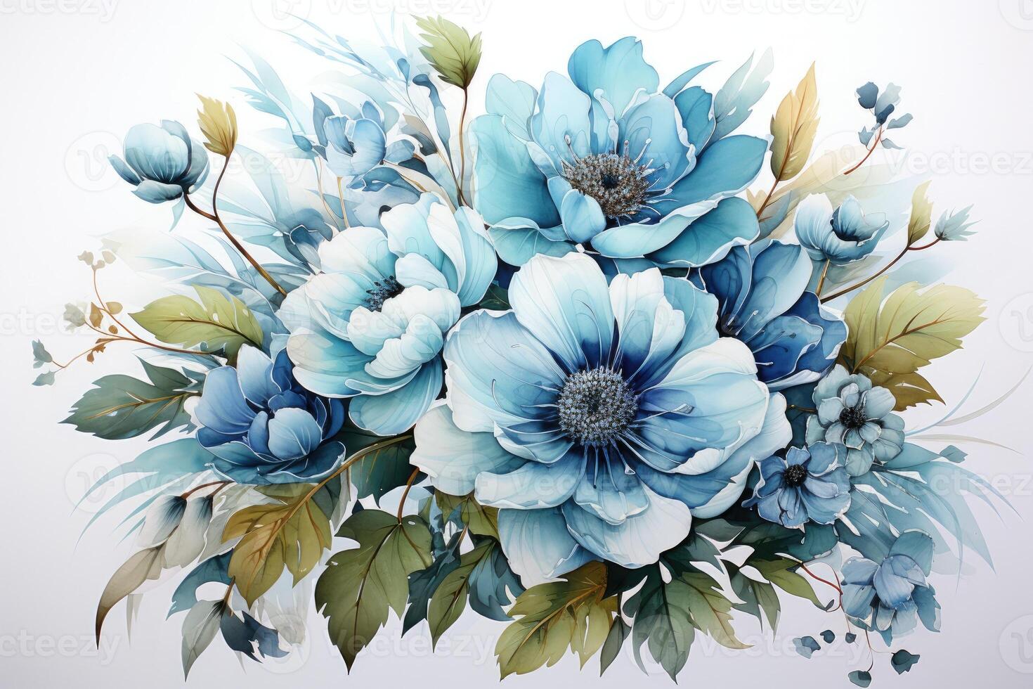 Botanical blue flower watercolor bouquet elegance blooming. photo