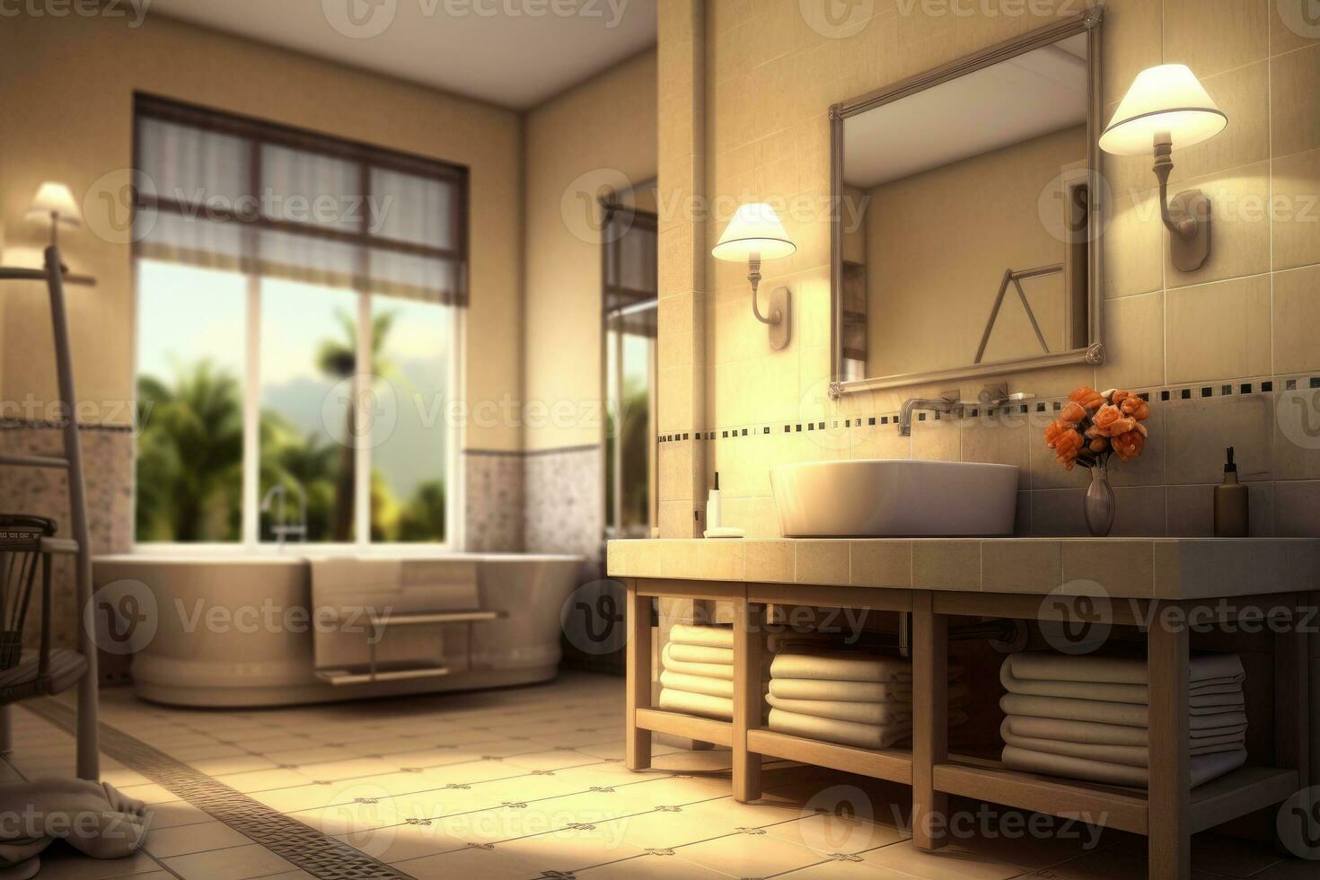 Realistic bathroom interior design. Generative AI photo