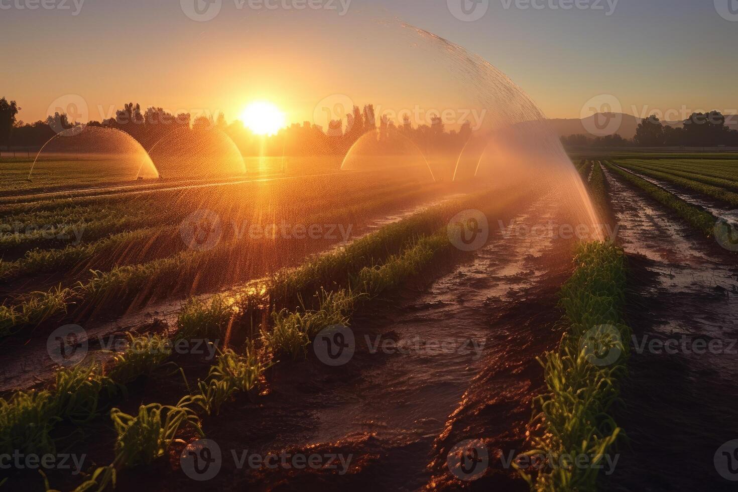 agua chorros agua joven dispara en el campo a puesta de sol con hermosa destello irrigación. generativo ai foto