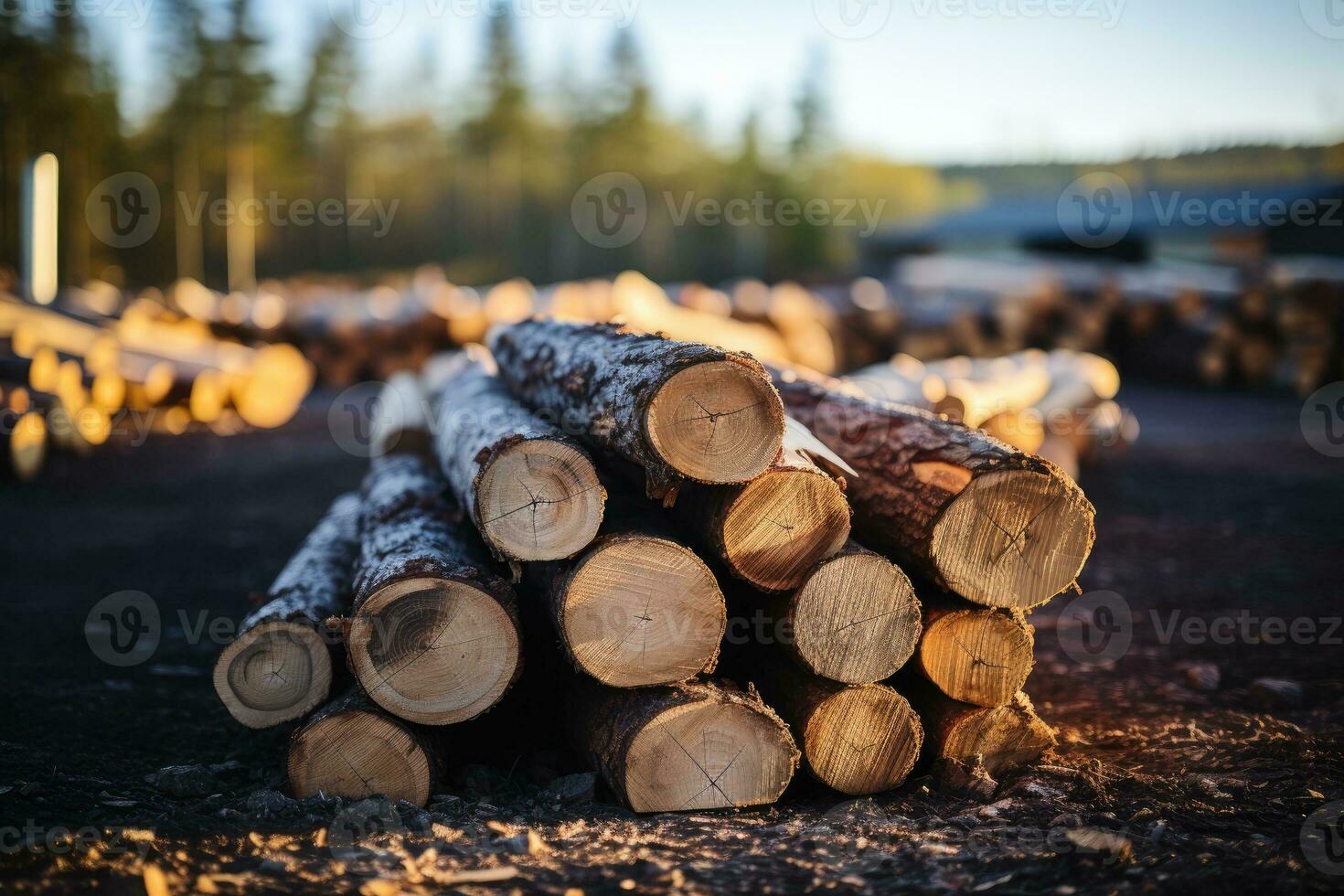 Log stacks along the forest road. Forest pine and spruce trees. Generative AI photo