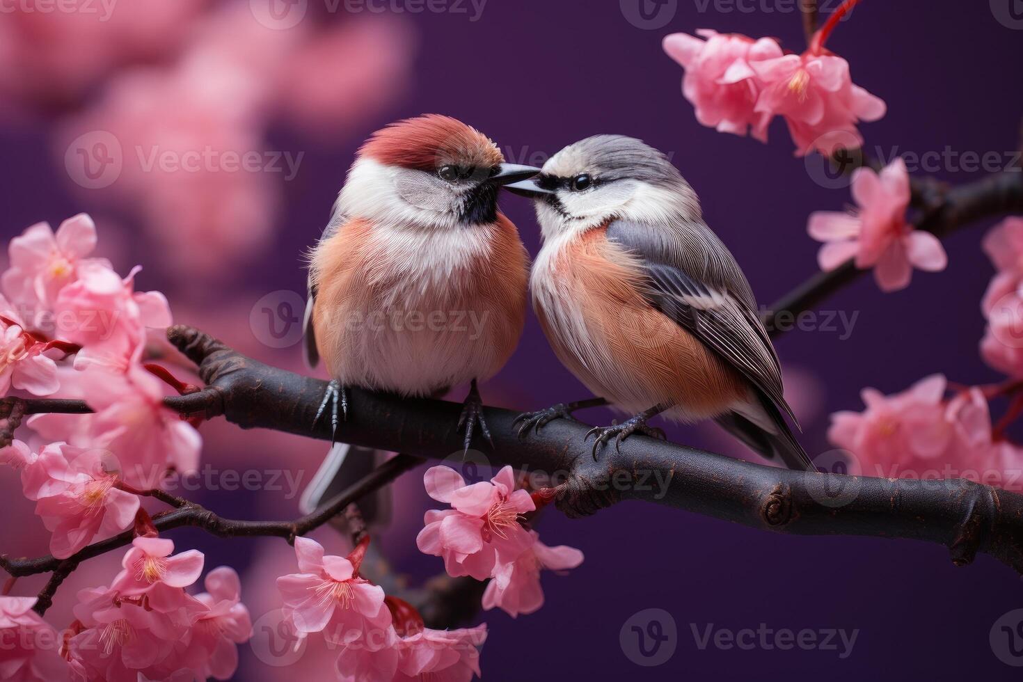 Two birds sitting on a branch with pink blossoms. Generative AI photo