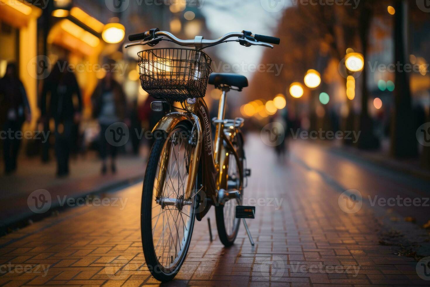 Bicycles of different colors and shapes parked. Self service ecological means of transport for rent. Generative AI photo