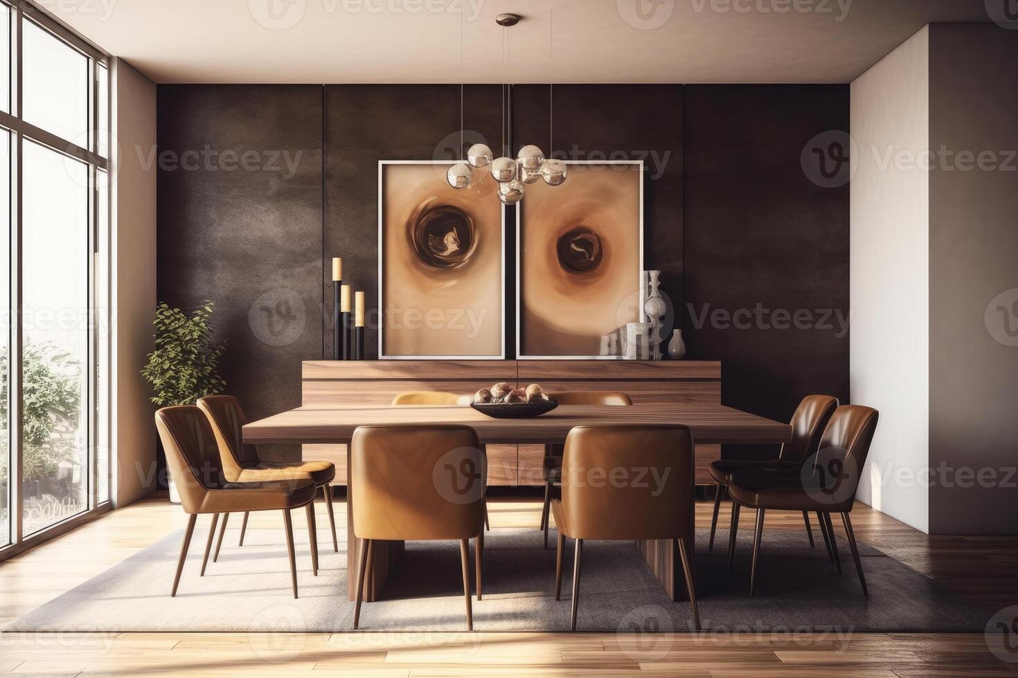 Interior design of modern dining room, wooden table and brown chairs. photo