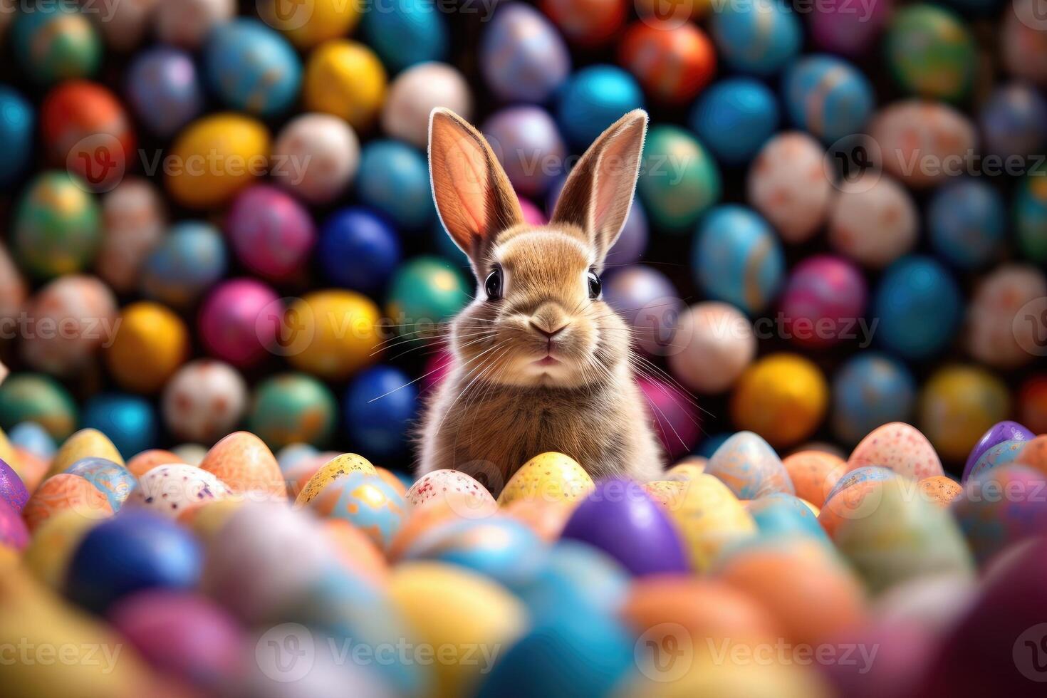 a rabbit sitting in a pile of colored eggs. Generative AI photo