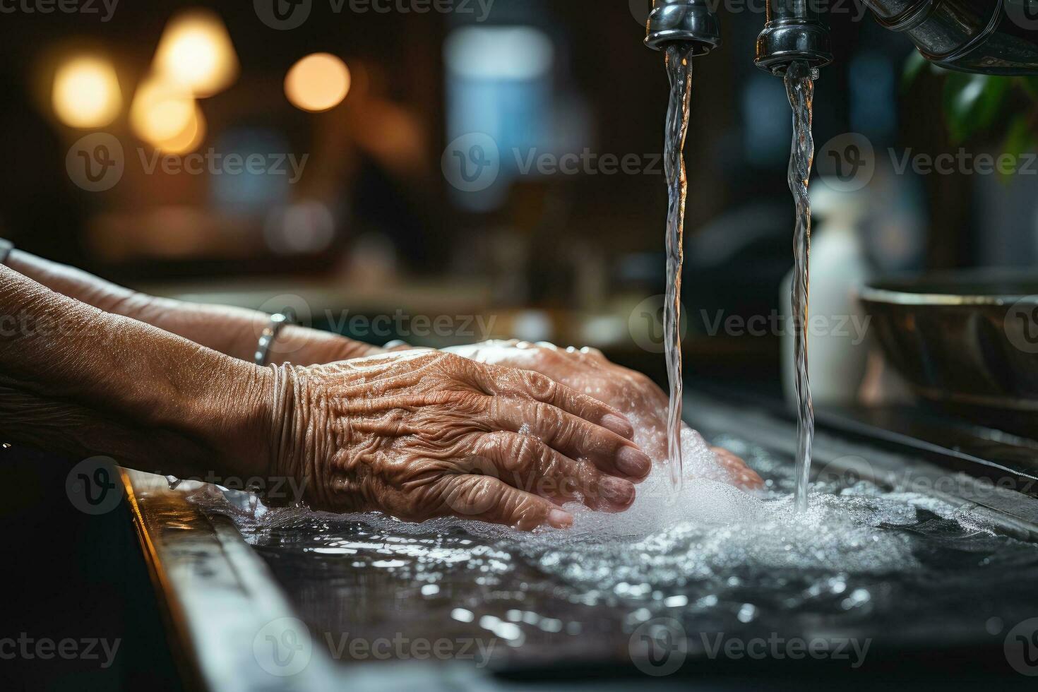 manos de mujer lavar su manos en un lavabo con espuma. generativo ai foto