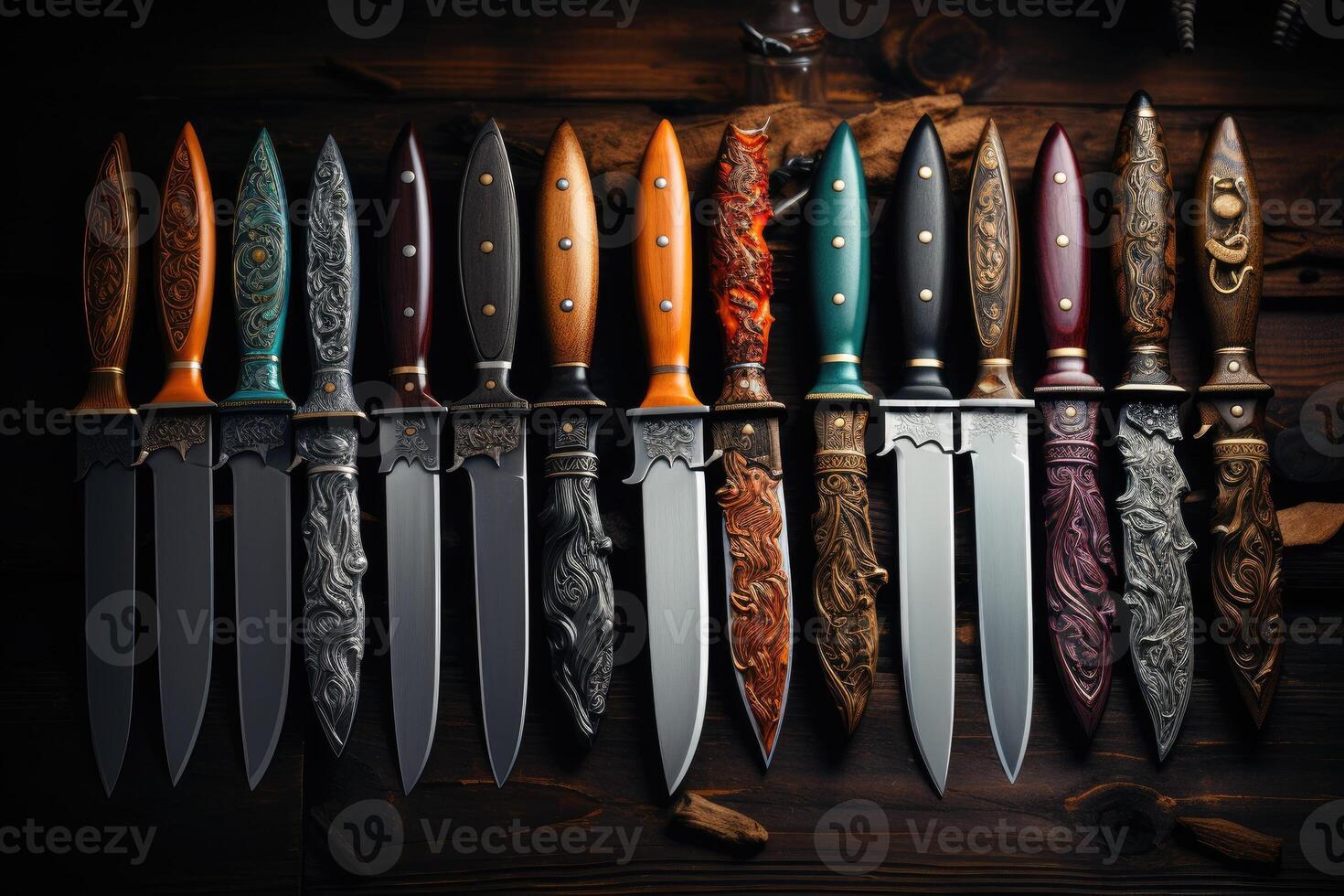 Retro knives on a wooden table. photo
