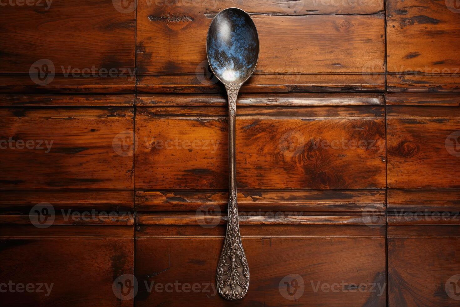 Antique spoon on a wooden table. Generative AI photo