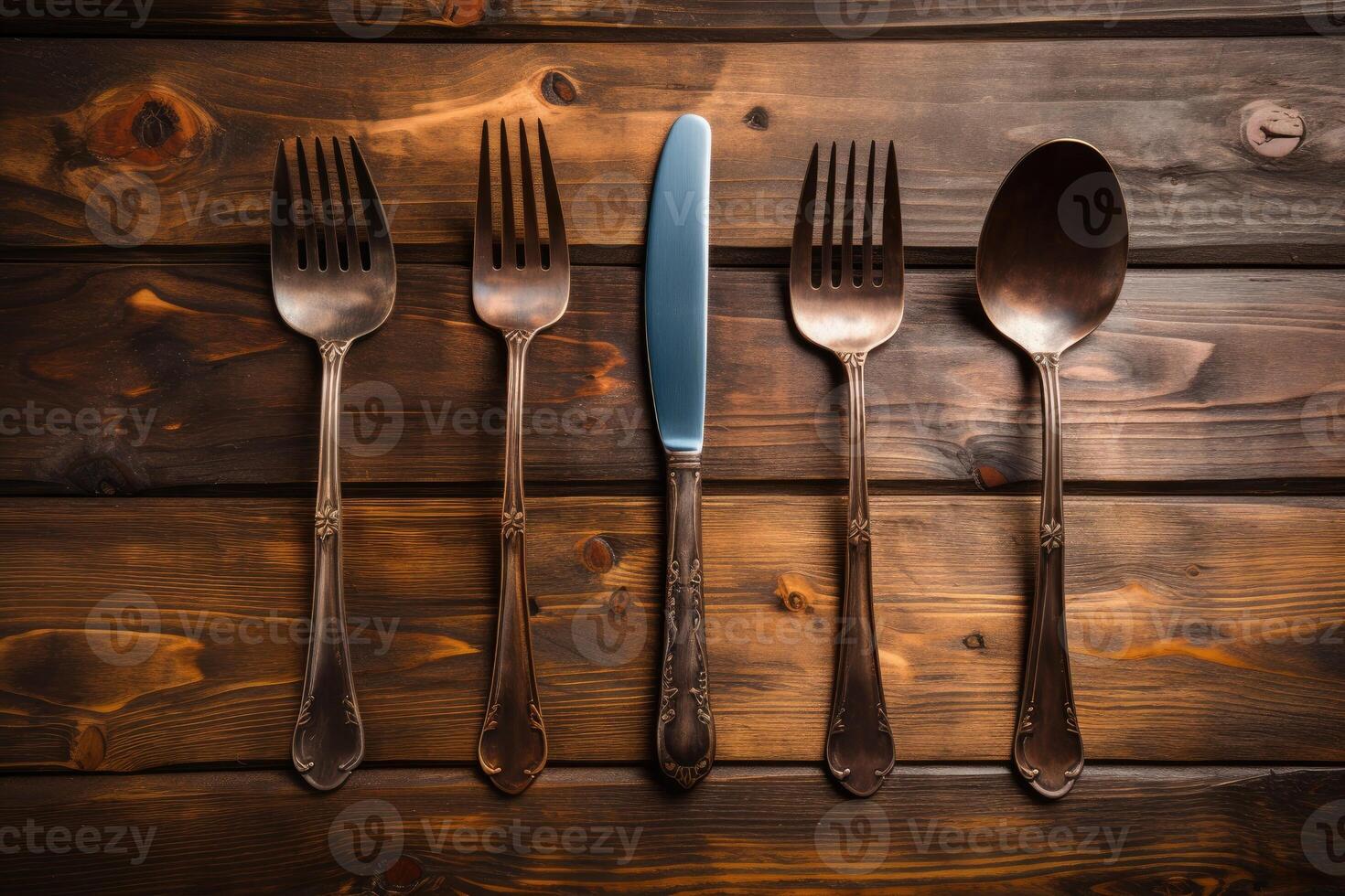 Antique spoon and fork, knife on a wooden table. photo