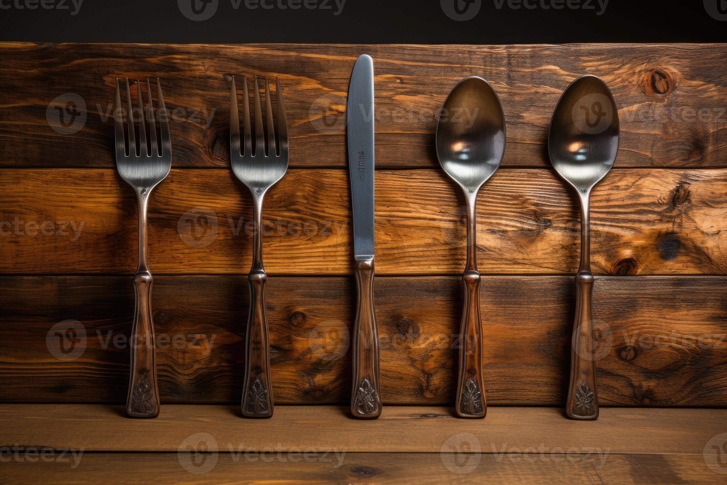 Antique spoon and fork, knife on a wooden table. Generative AI 26441687