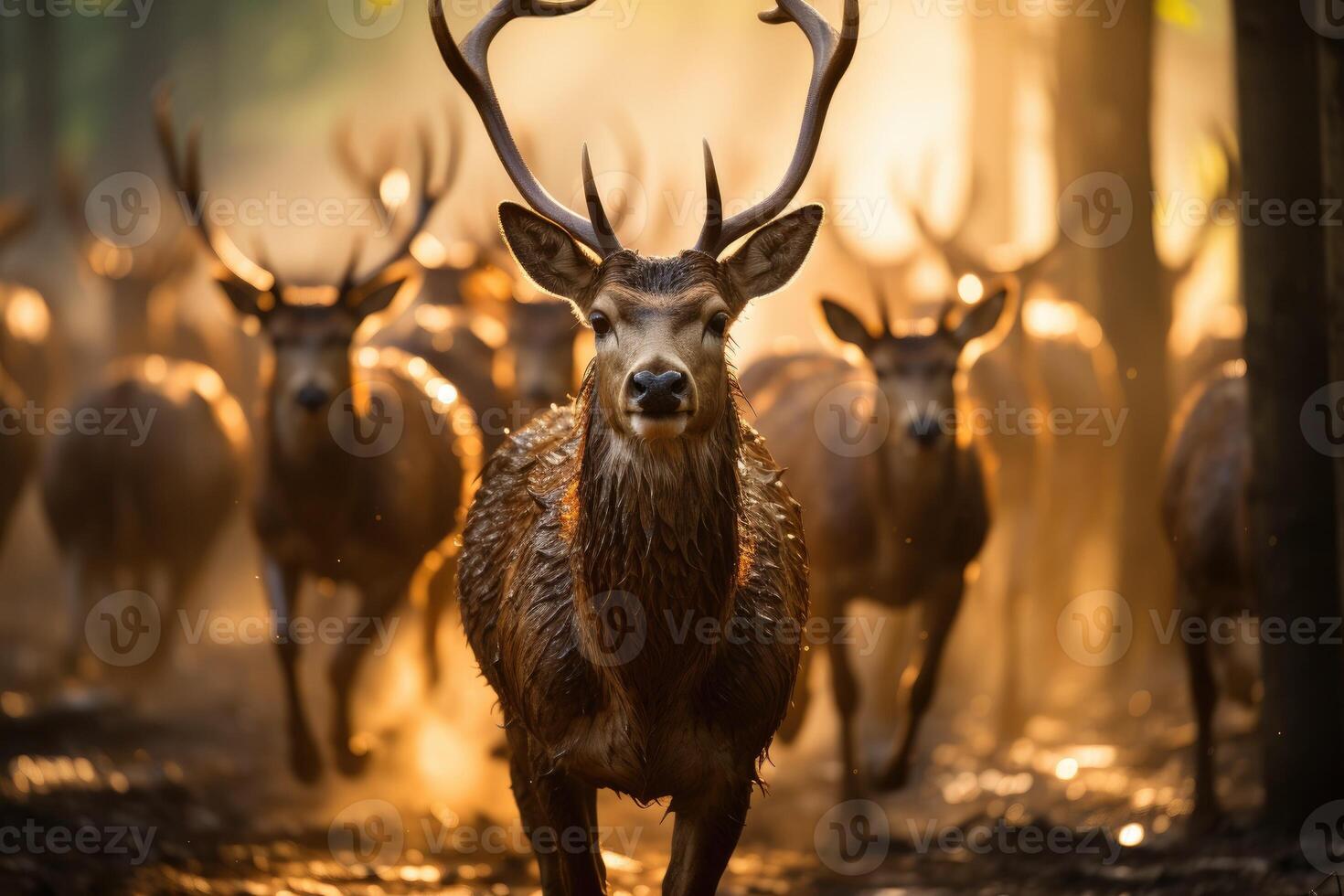 Shot of a large herd of deer running. Generative AI photo