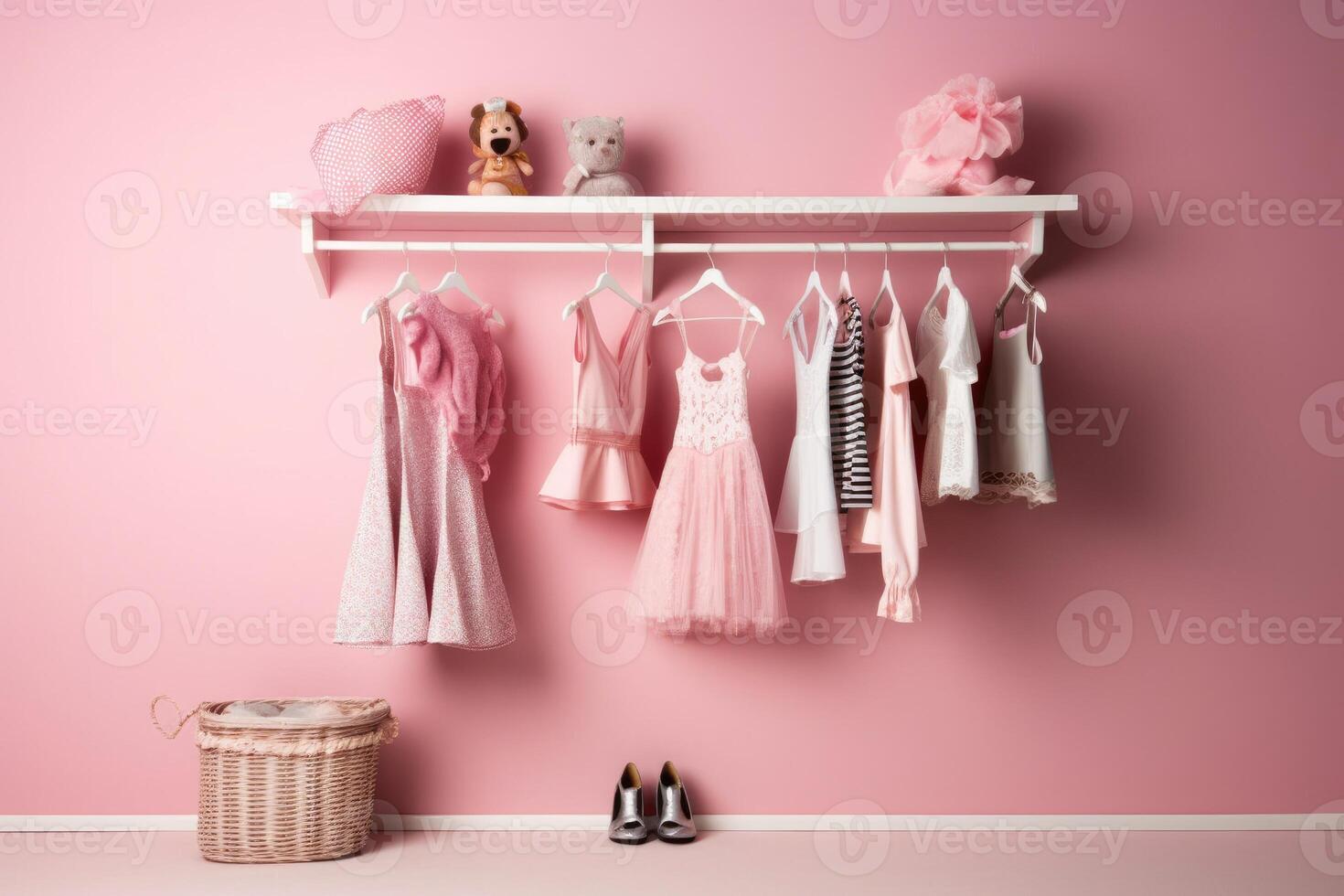 Shelving unit with children's dresses near pink wall. Generative AI photo