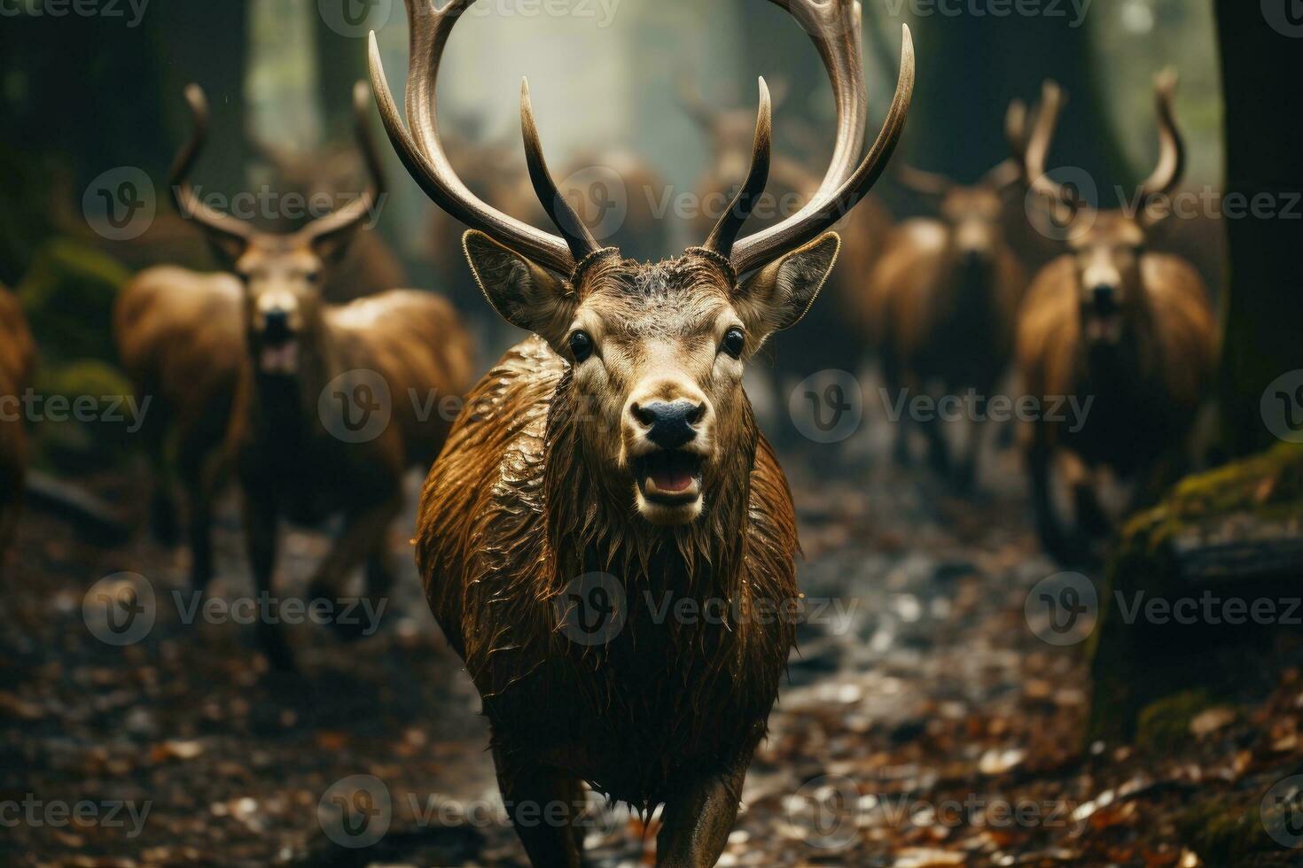 Shot of a large herd of deer running. Generative AI photo