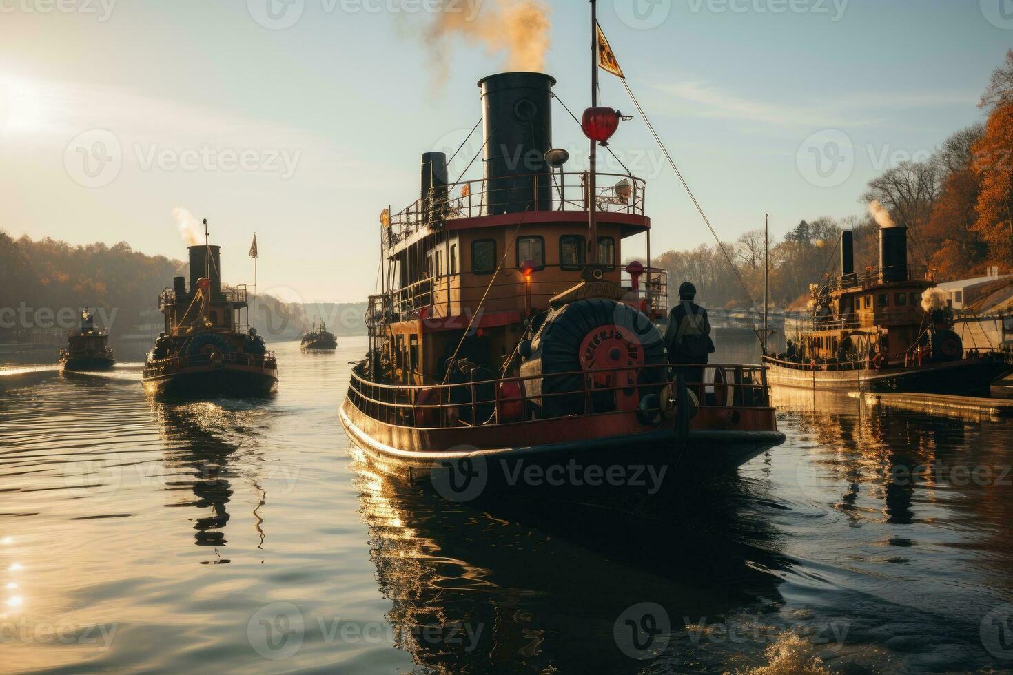 Old steamboat with smoke in river. Generative AI photo