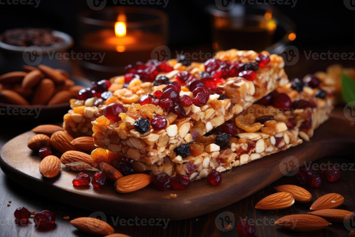 Cereal superfood energy bars with almond nuts, dry fruits, raisins chocolate. photo