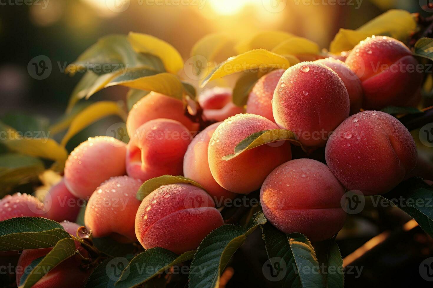 Peaches orchard full of ripe fruits. Generative AI photo