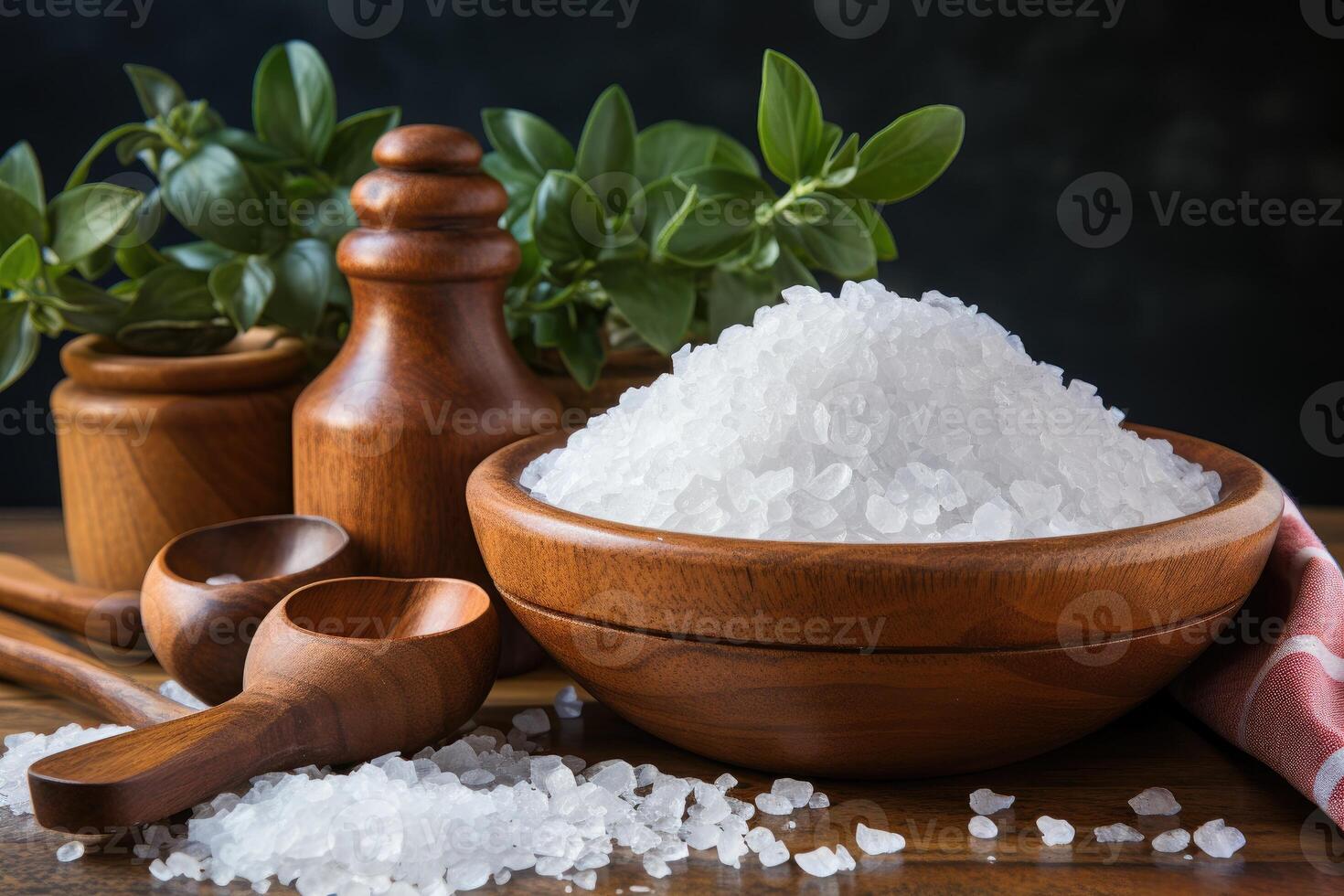Salt in a bowl on a wooden table. photo