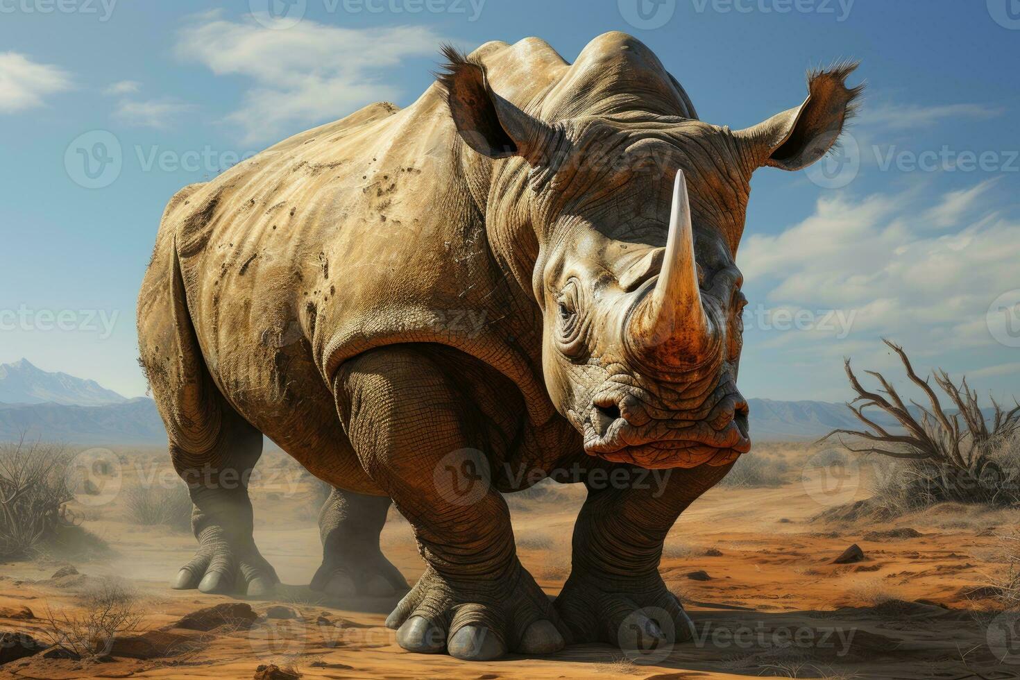 Rhinoceros with large horns. Generative AI photo