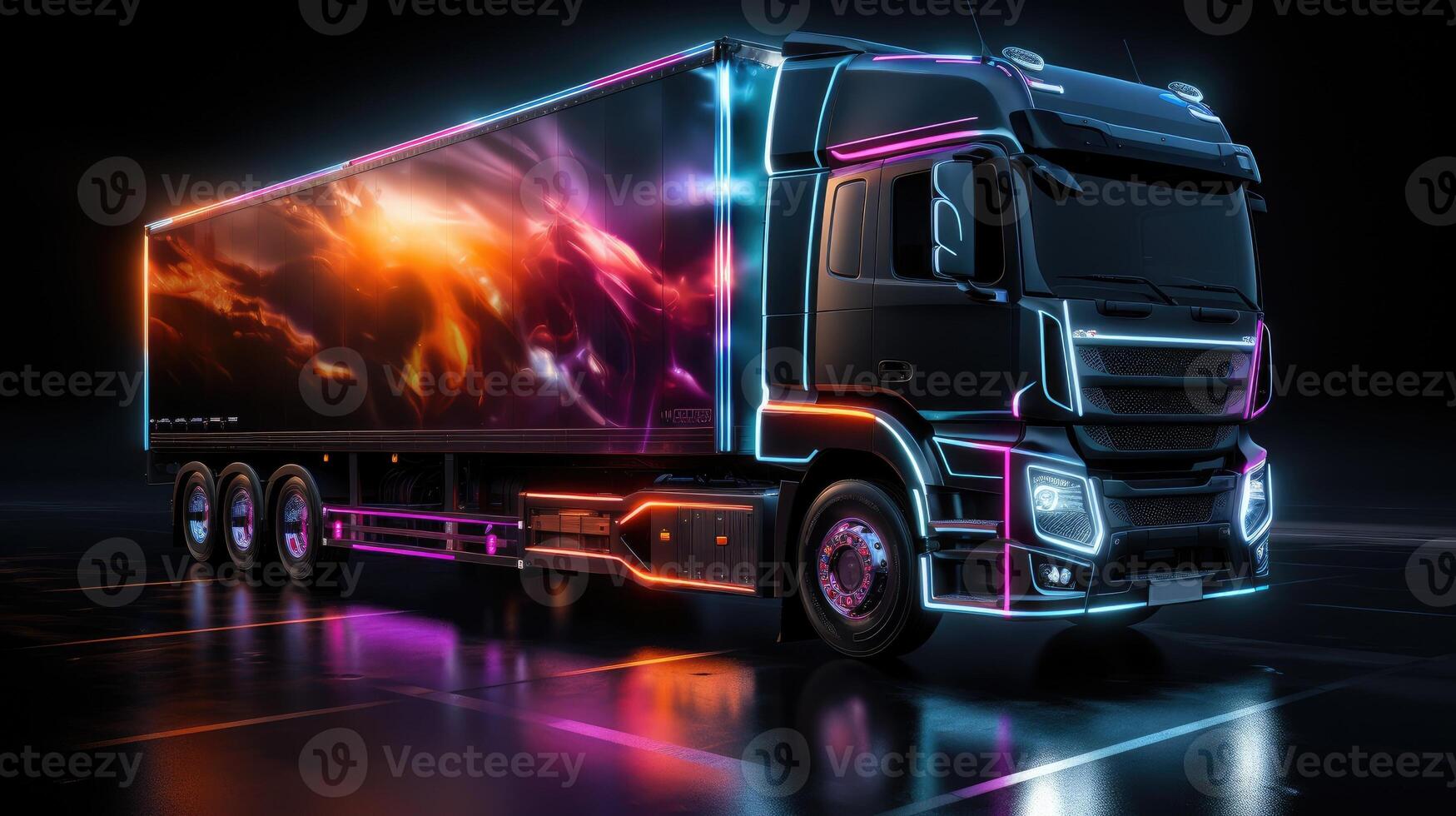 Truck with futuristic holographic display and neon lights. Freight shipping international industry. photo