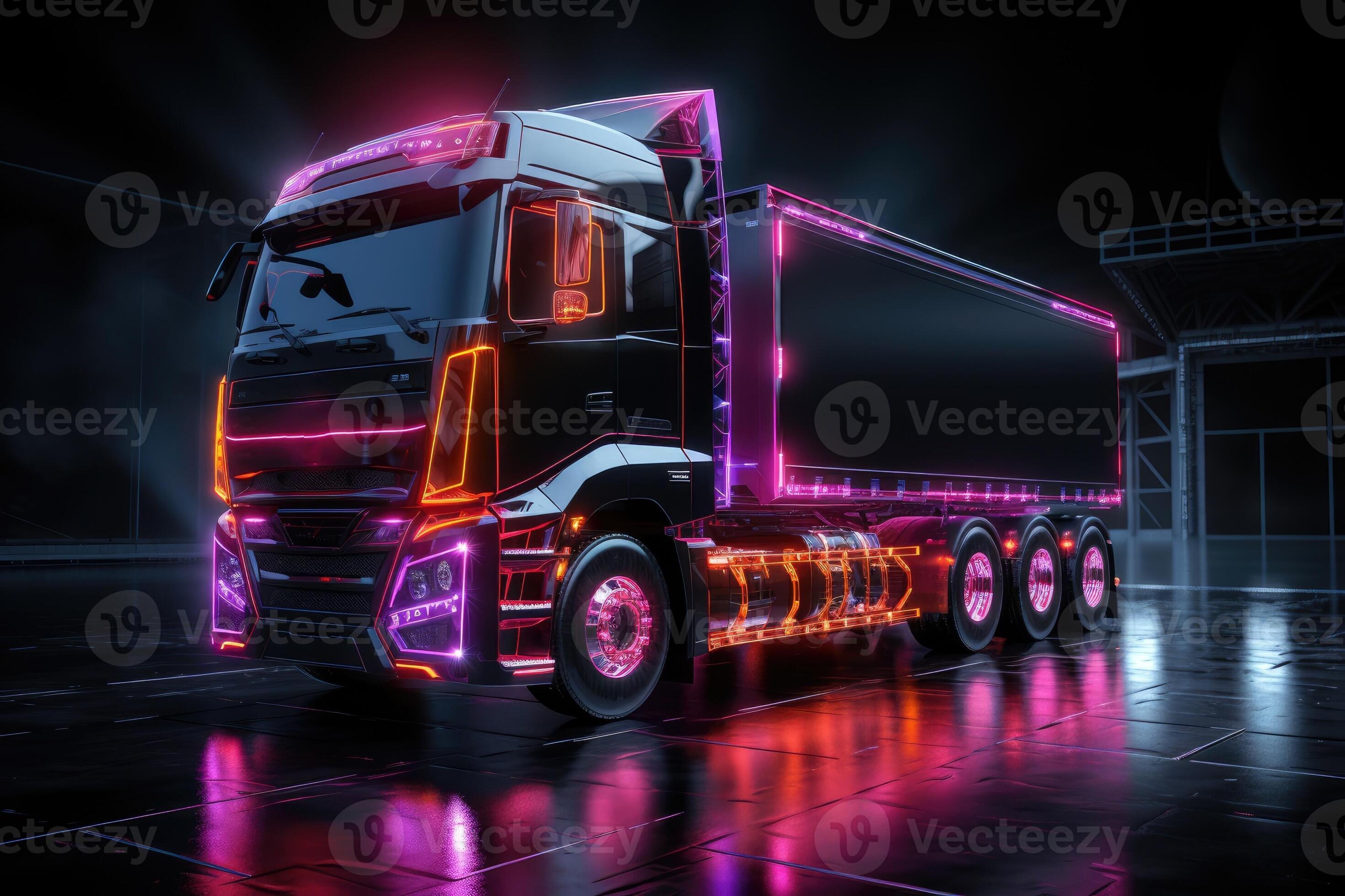 Truck with futuristic holographic display and neon lights. Freight