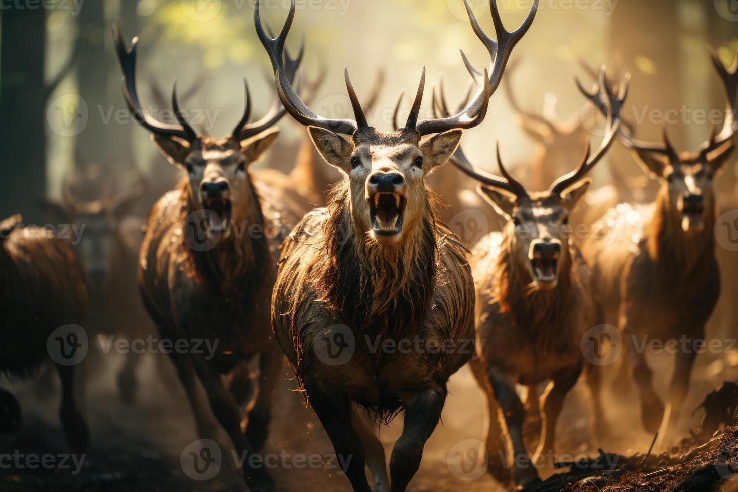 Shot of a large herd of deer running. Generative AI photo