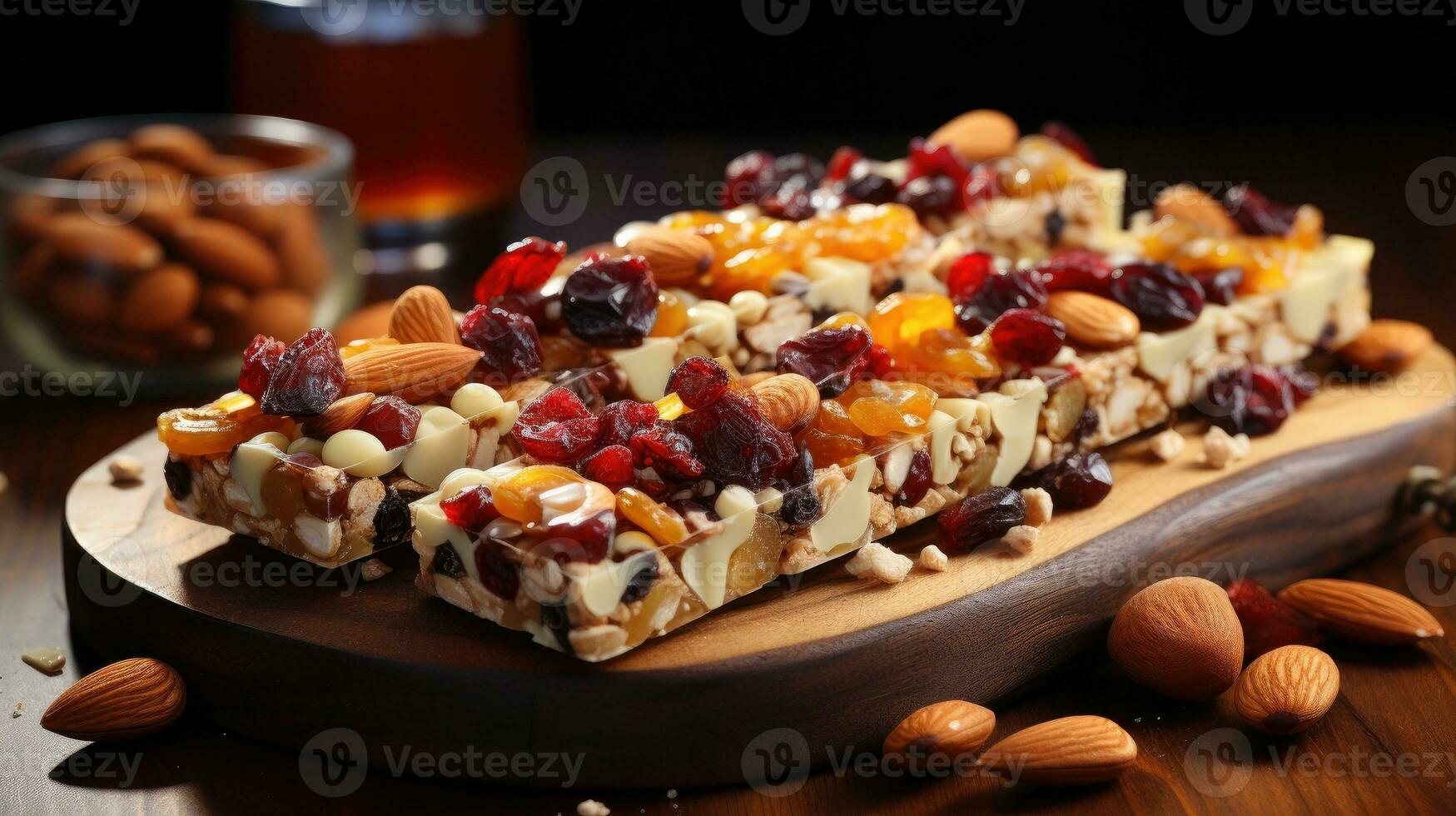 Cereal superfood energy bars with almond nuts, dry fruits, raisins chocolate. Generative AI photo