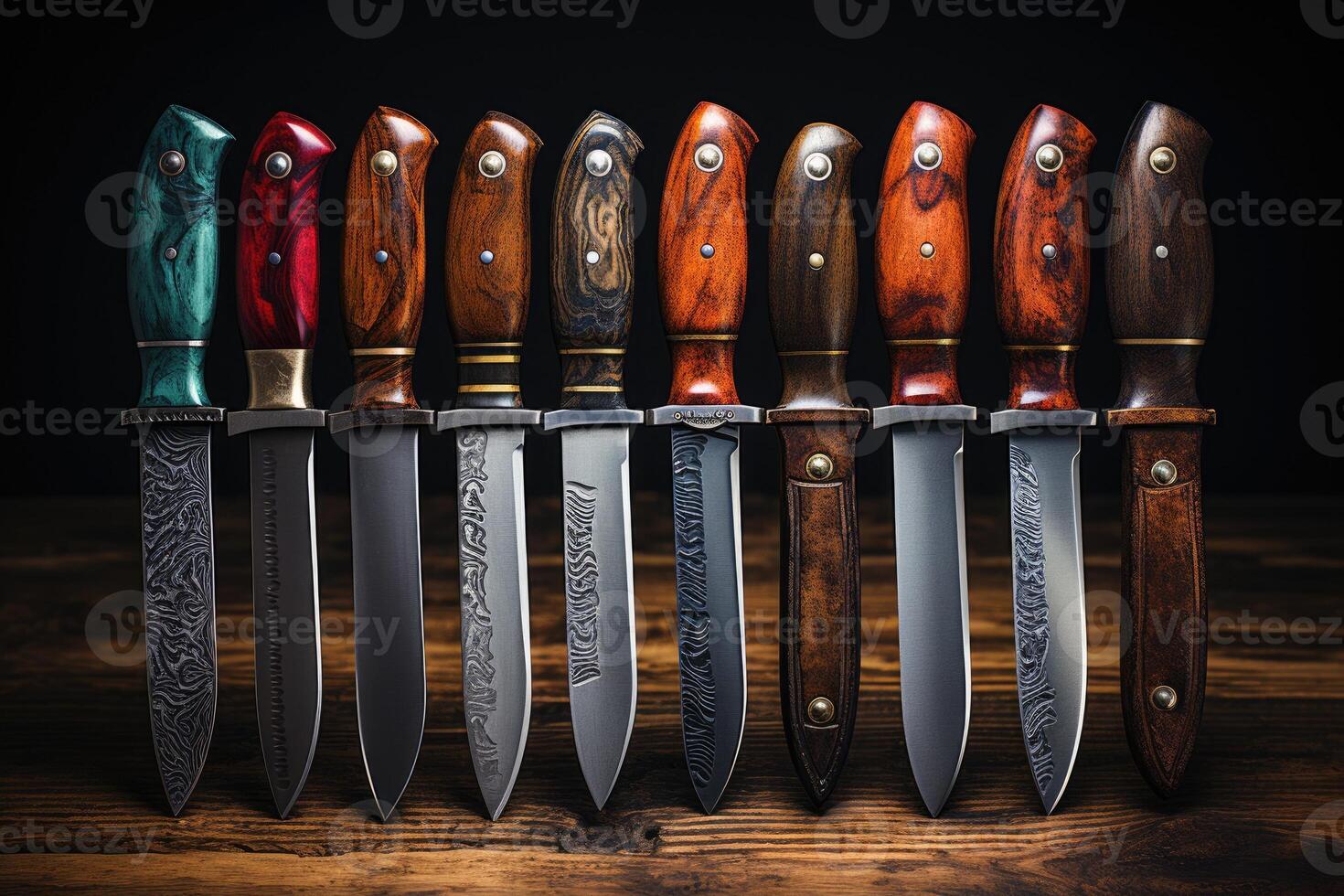 Retro knives on a wooden table. photo