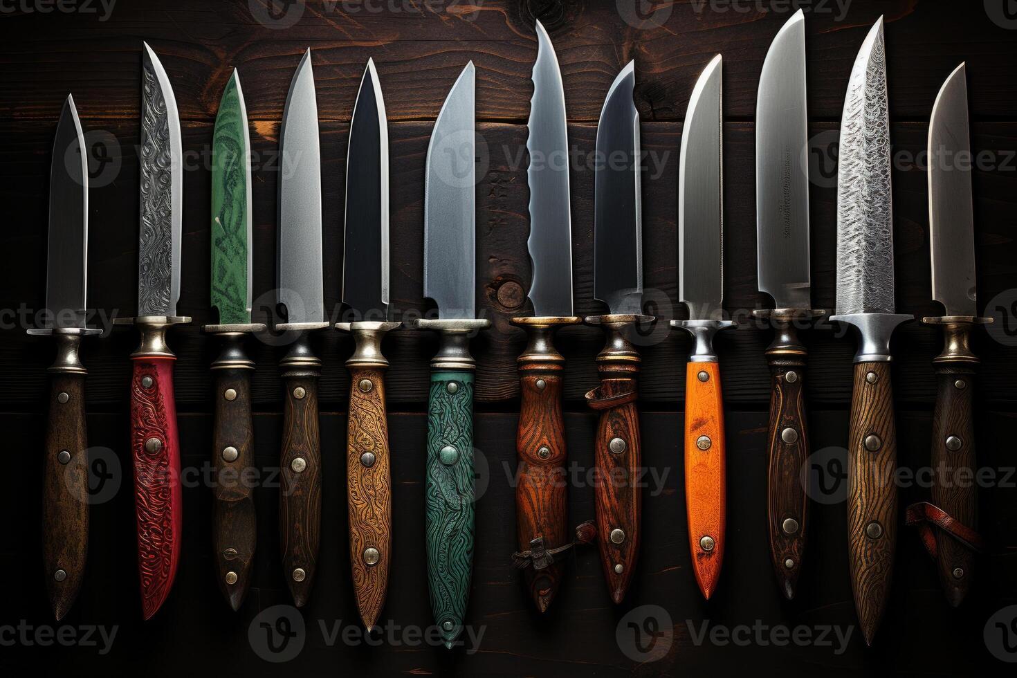 Retro knives on a wooden table. photo