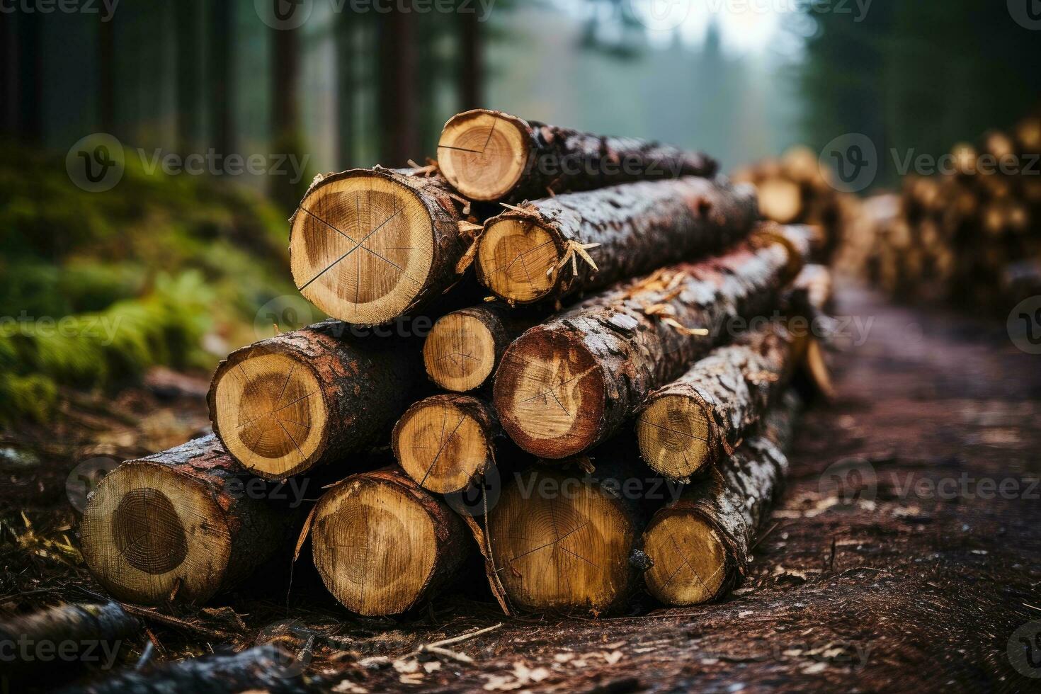 Log stacks along the forest road. Forest pine and spruce trees. Generative AI photo