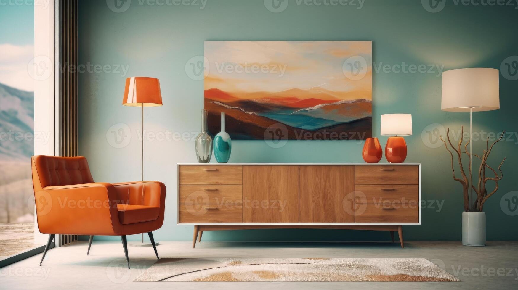 Interior design of living room with sideboard and armchair, modern home. Generative AI photo