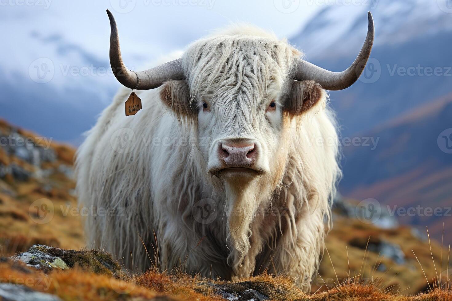 Domestic yak with mountains in the background. Generative AI photo