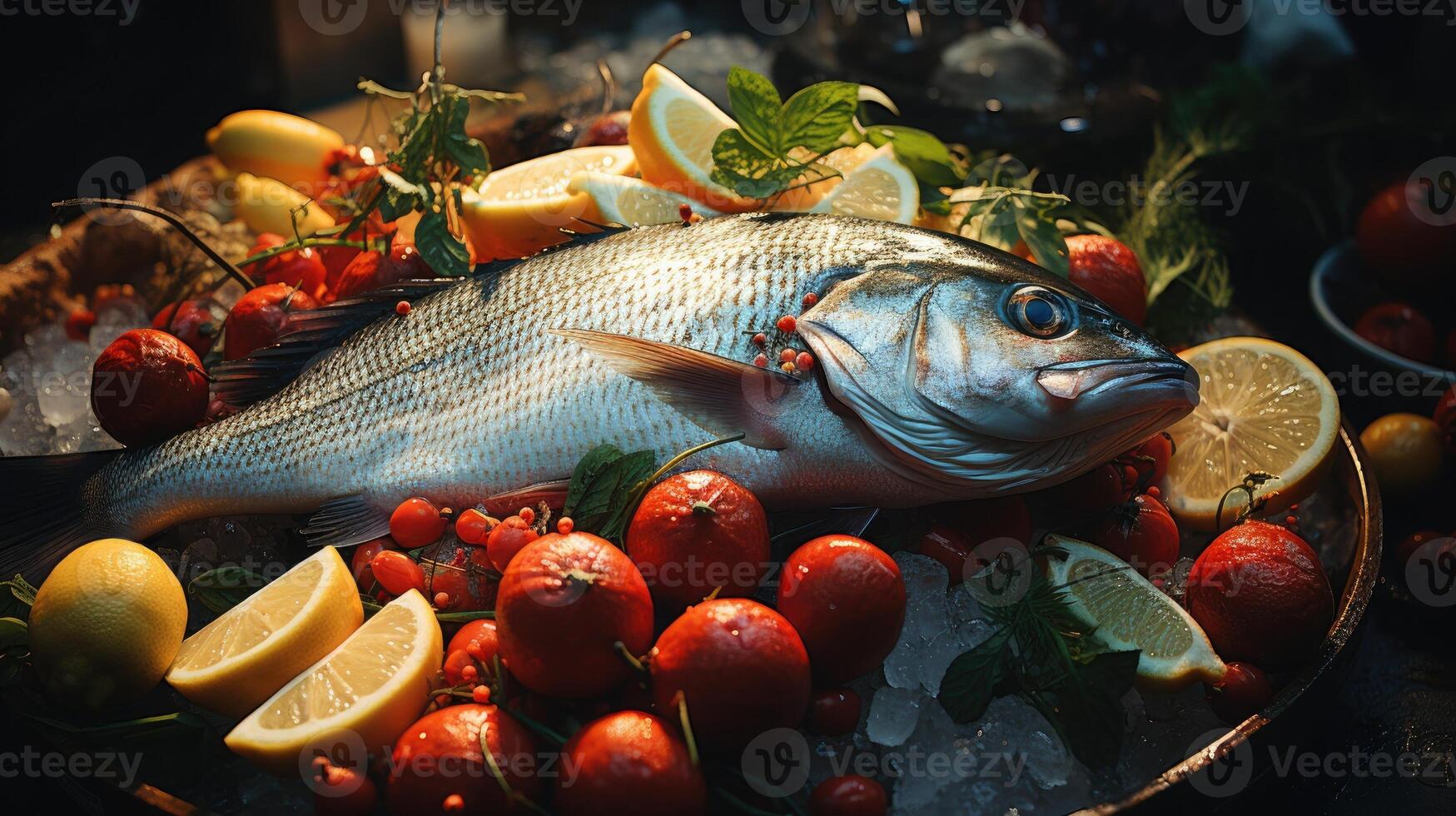 Group of fish served on ice. Generative AI photo